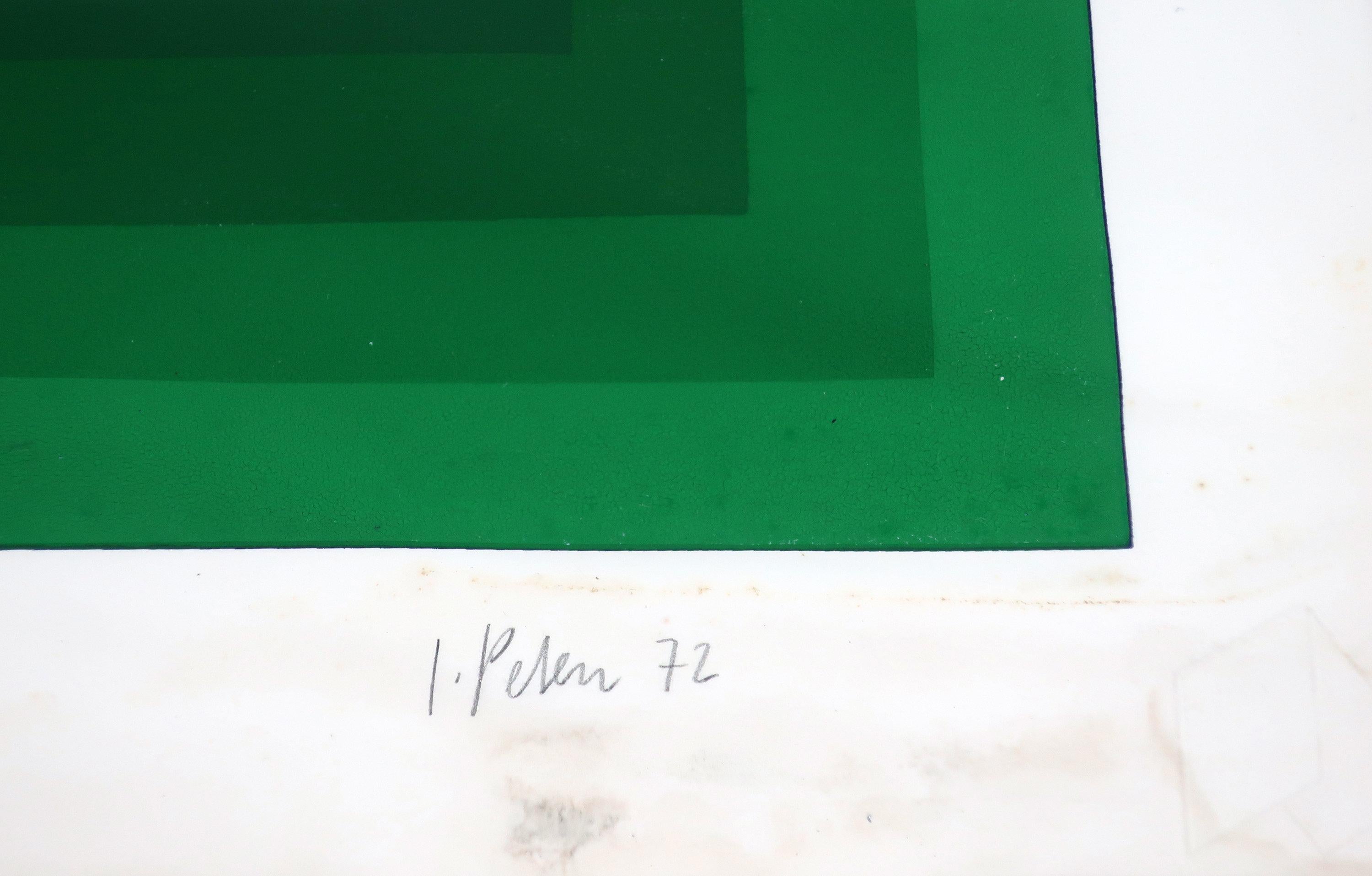 An untitled 1972 op art serigraph by Jurgen Peters in blue and shades of green.  Hand signed and numbered (82/200) in pencil by the artist, with printer’s embossed mark in the lower right hand corner of the paper

An untitled 1972 op art serigraph