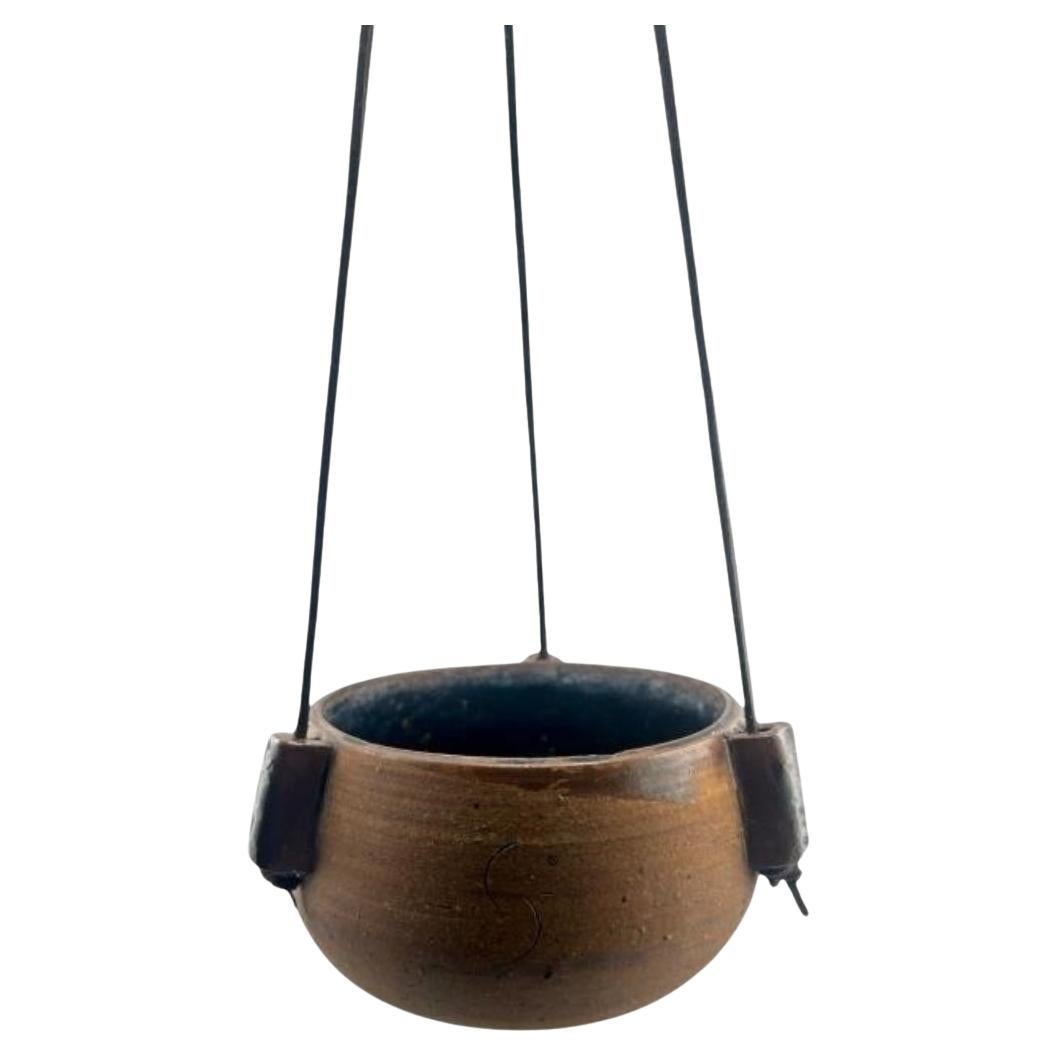 1972 Karroll Studio Pottery Hanging Planter – Rustic Ceramic with Leather