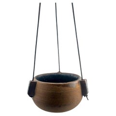 1972 Karroll Studio Pottery Hanging Planter – Rustic Ceramic with Leather