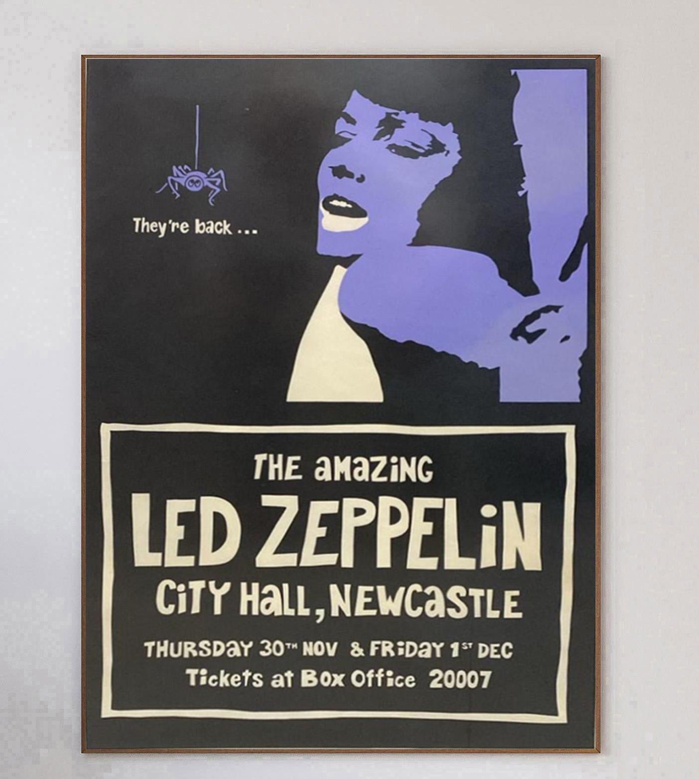 Stunning and exceptionally rare poster and piece of music history, created for Led Zeppelin’s back to back shows at the Newcastle City Hall on Thursday 30th November and Friday 1st December 1972. The shows were the first dates in what was the bands
