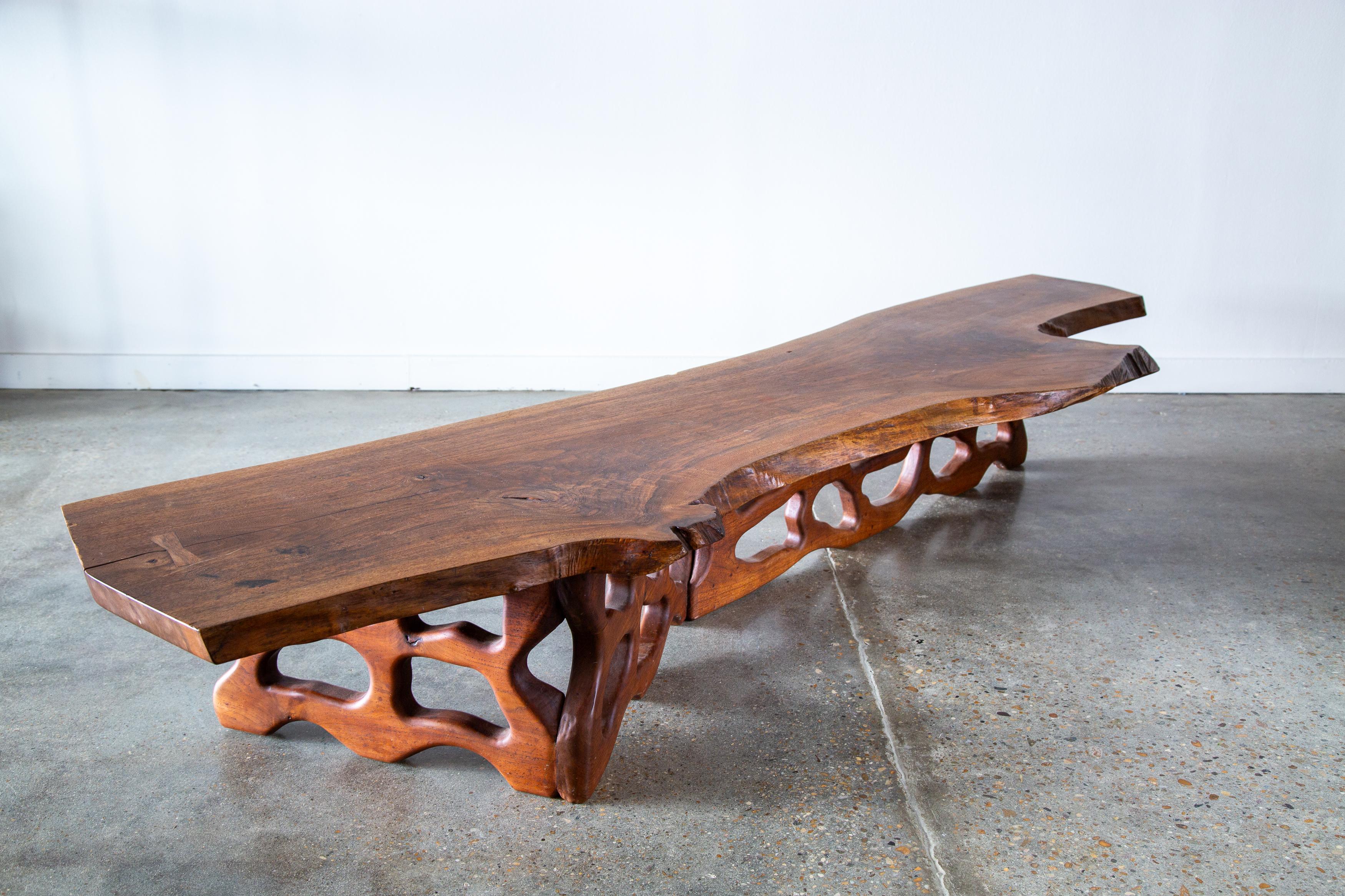 Mid-Century Modern 1972 Live Edge Walnut Coffee Table by Gino Russo organic Carved base Nakashima For Sale