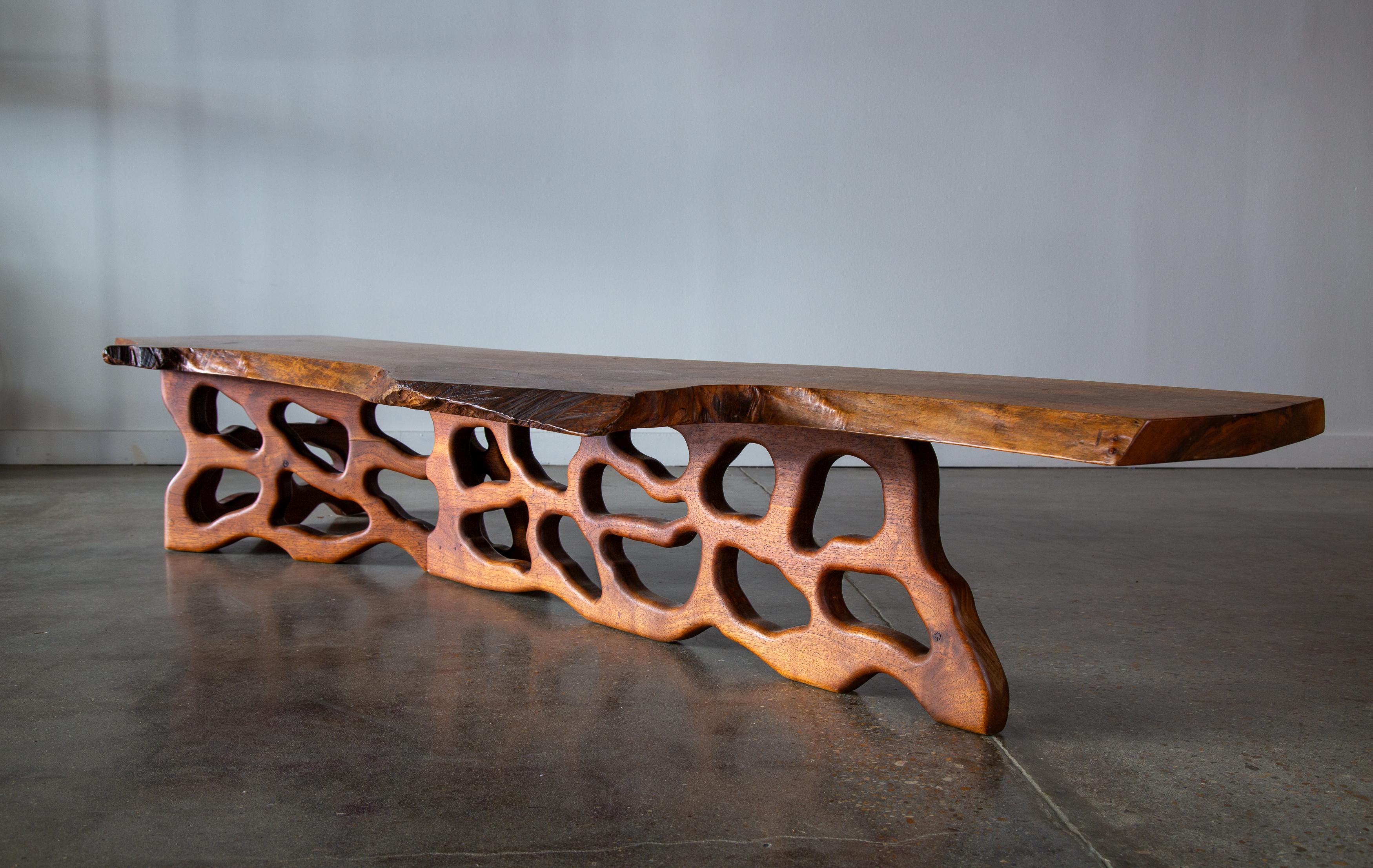 American 1972 Live Edge Walnut Coffee Table by Gino Russo organic Carved base Nakashima For Sale