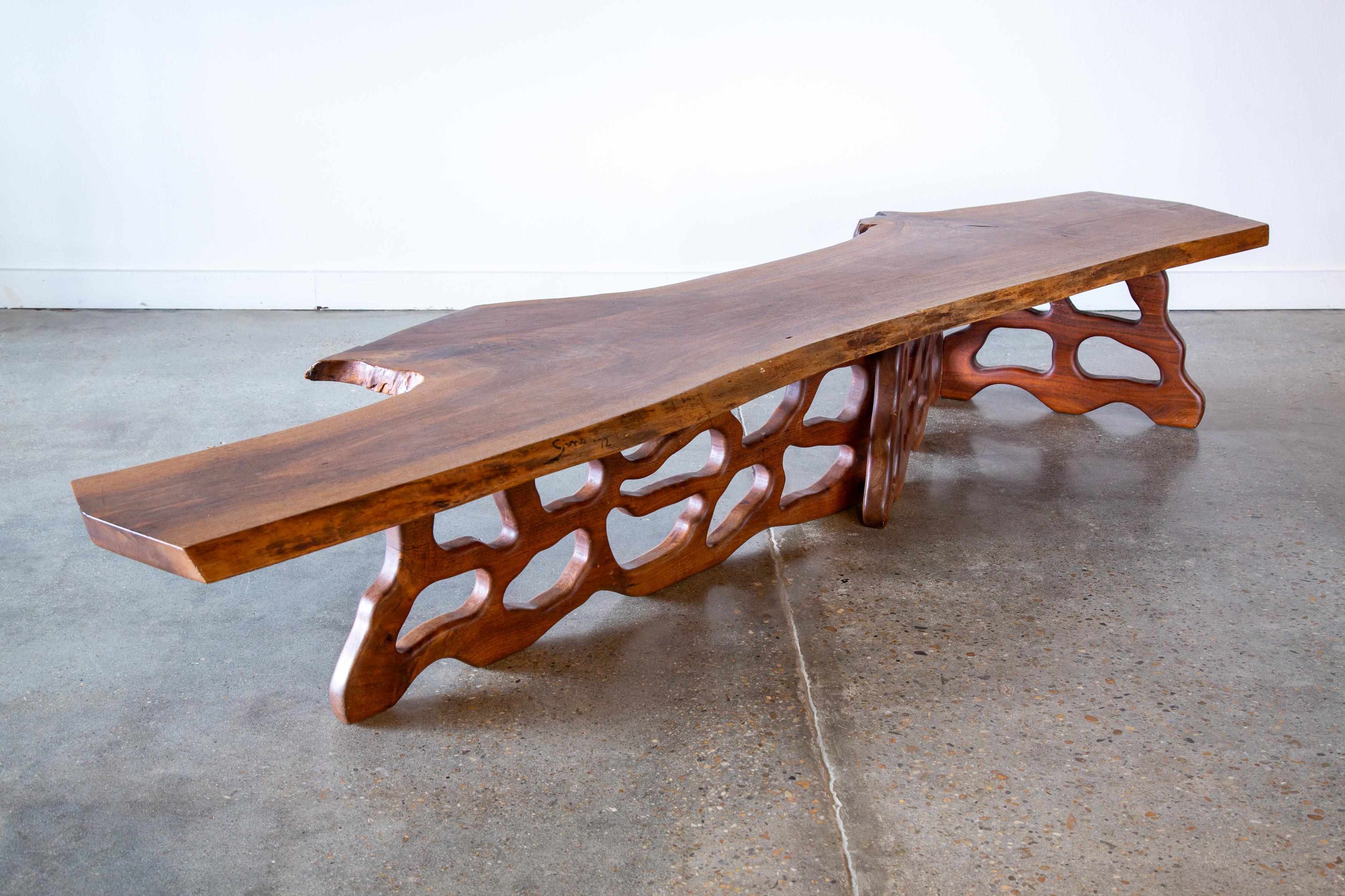 Late 20th Century 1972 Live Edge Walnut Coffee Table by Gino Russo organic Carved base Nakashima For Sale