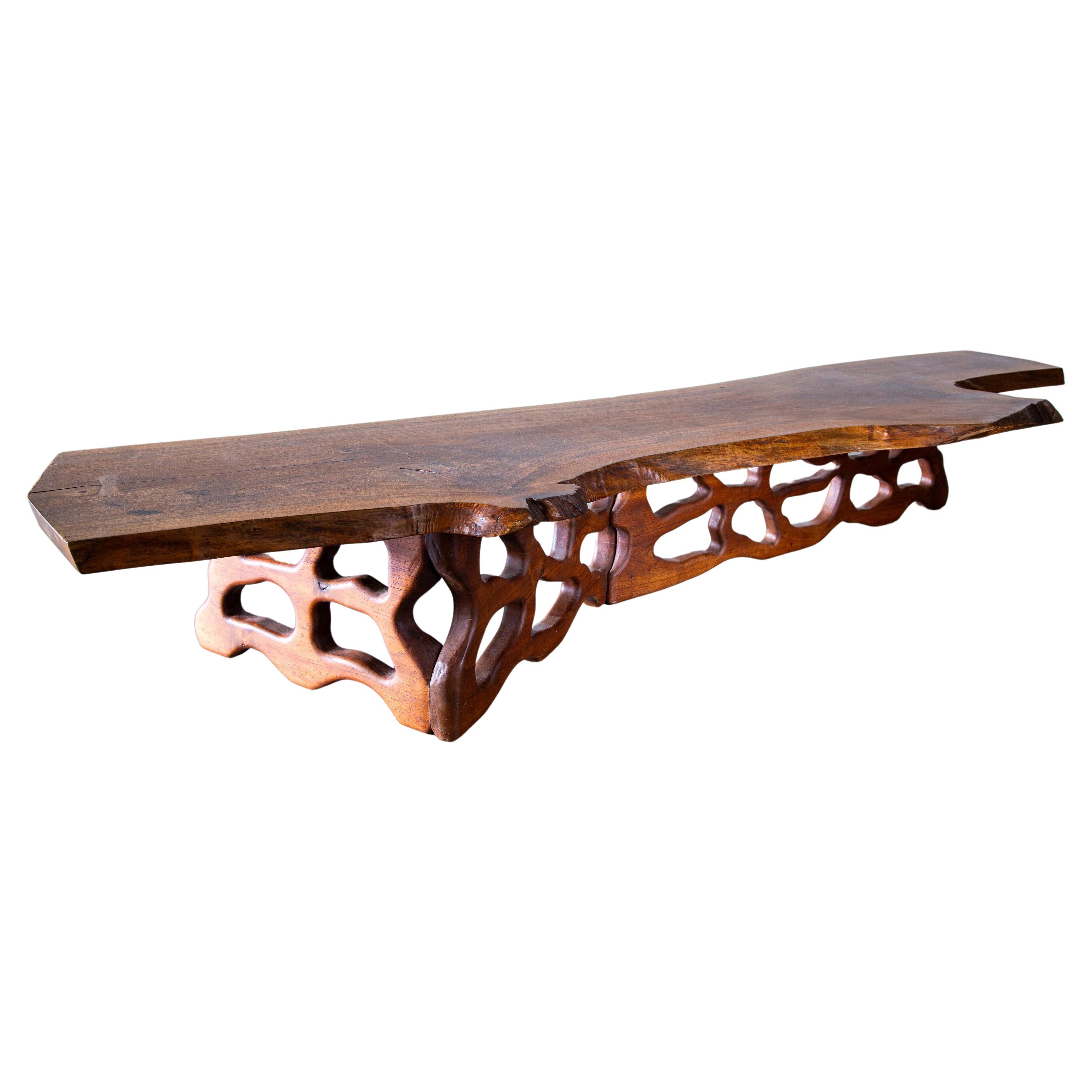 1972 Live Edge Walnut Coffee Table by Gino Russo organic Carved base Nakashima For Sale
