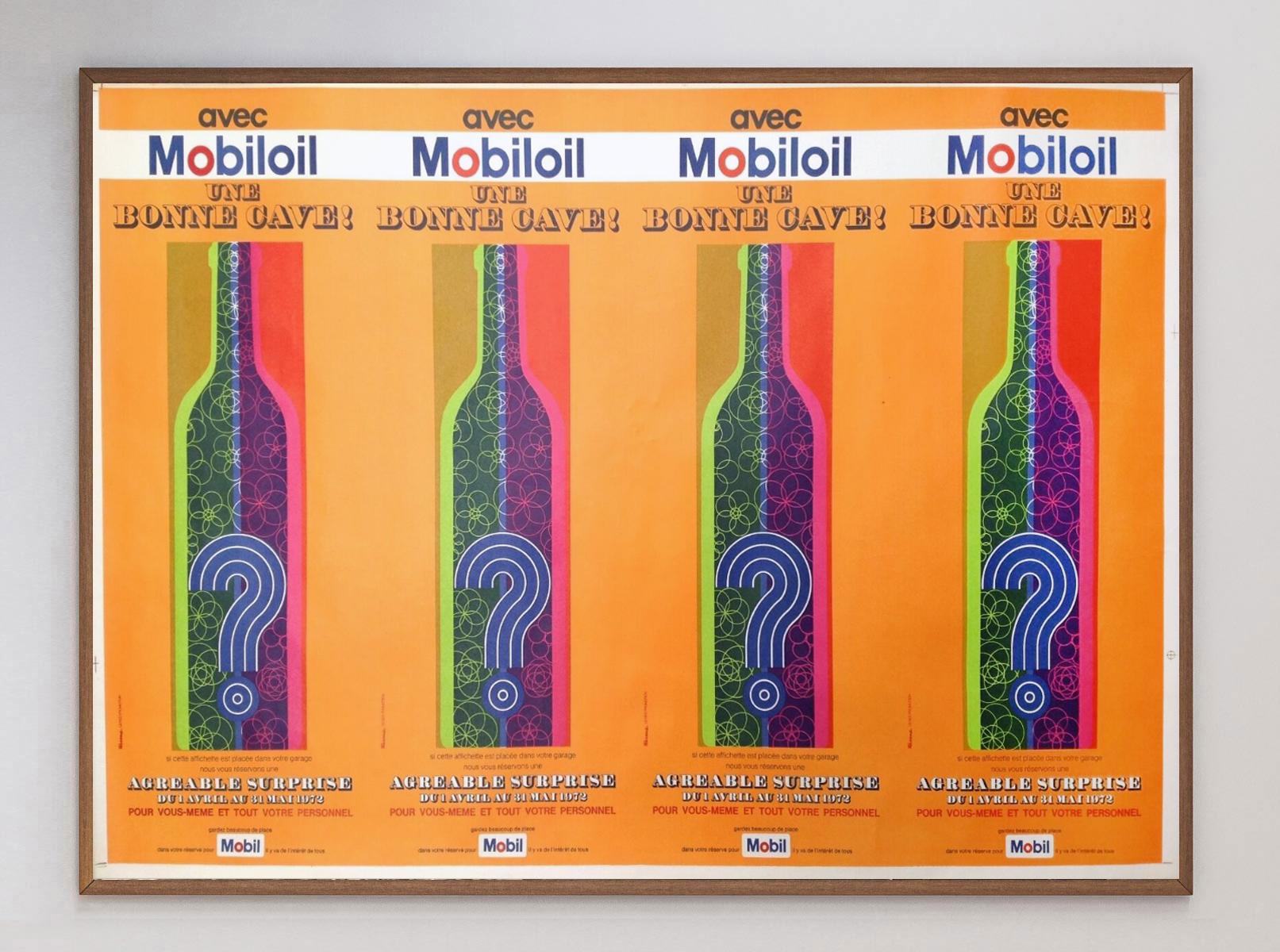 Beautiful mid century design by Taranne for Mobiloil depicting 4 stylised mystery bottles and reads 