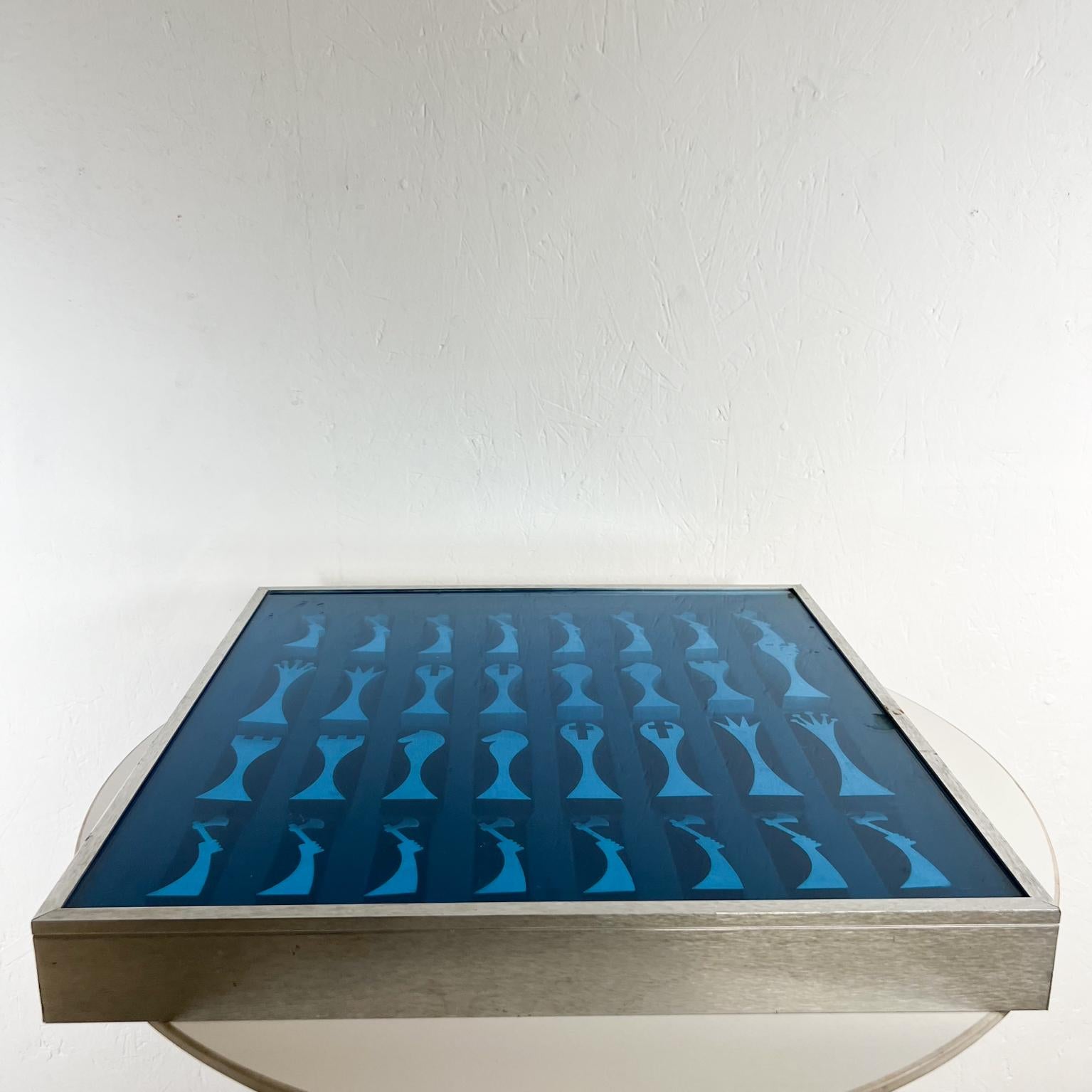 Mid-Century Modern 1972 Modernist Blue Design Aluminum Chess Set Board Game by Scott Wolfe