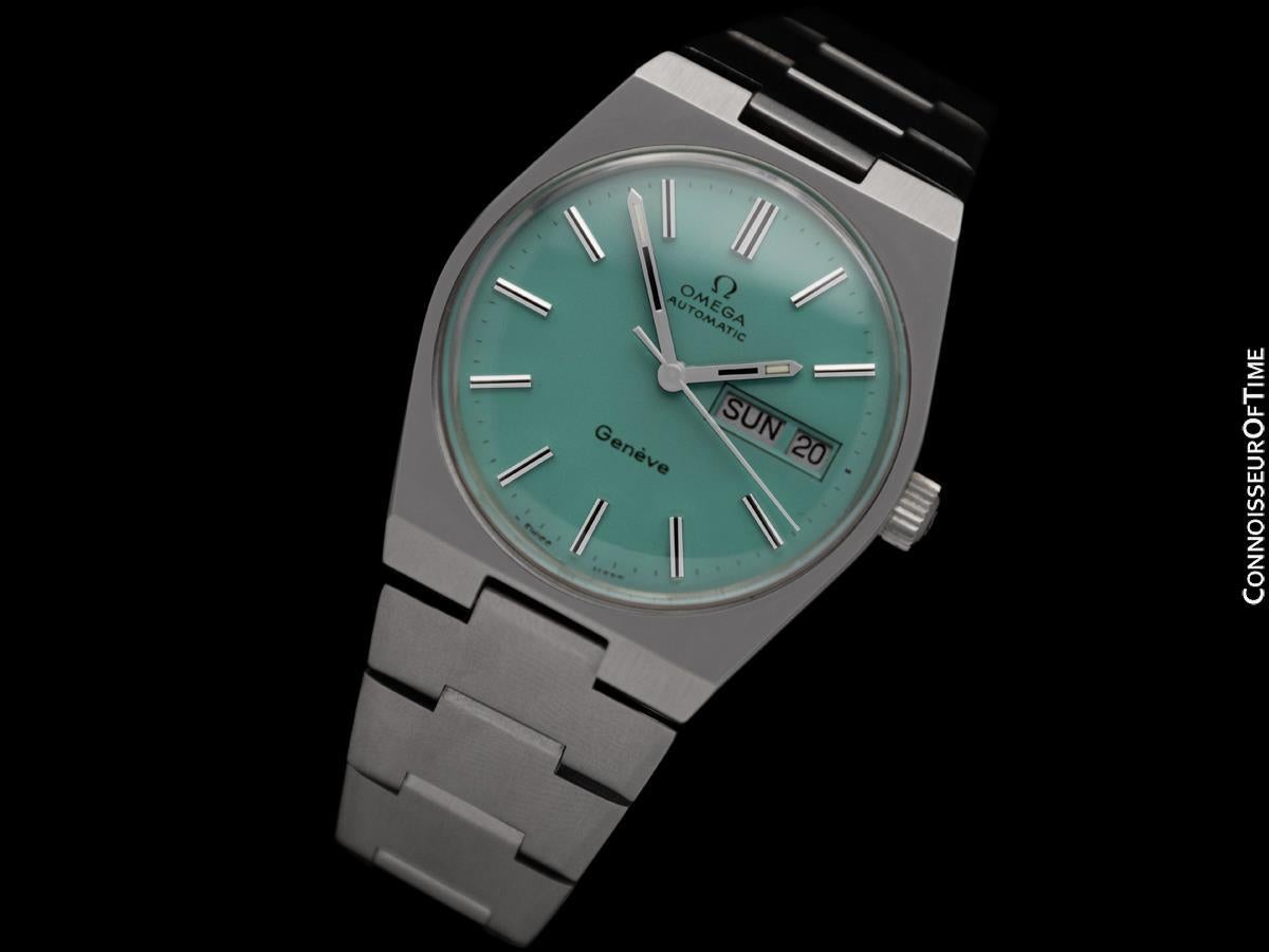 1972 Omega Geneve Vintage Retro Automatic Day Date Mens Tiffany Blue Dial Watch In Excellent Condition In Suwanee, GA
