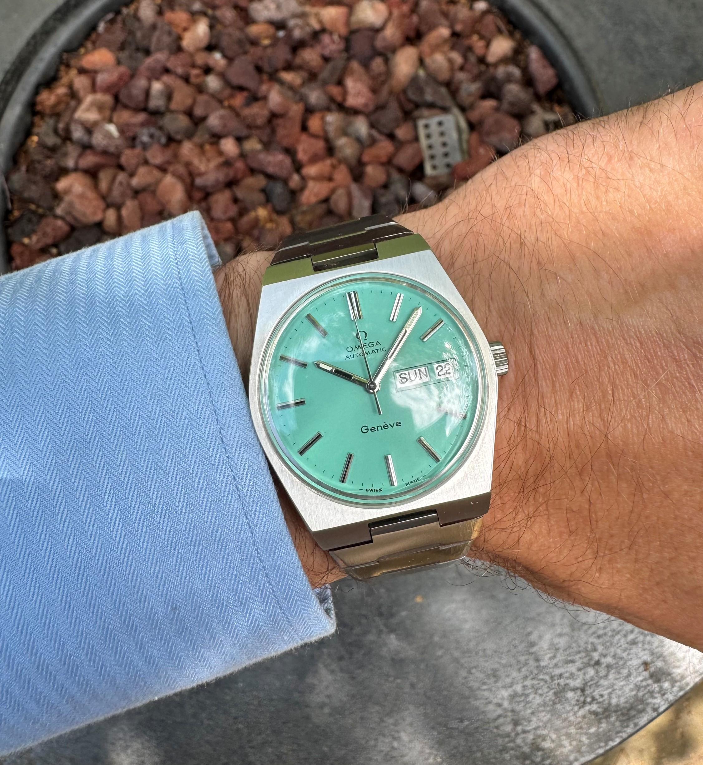 1972 Omega Geneve Vintage Retro Automatic Day Date Mens Tiffany Blue Dial Watch 4