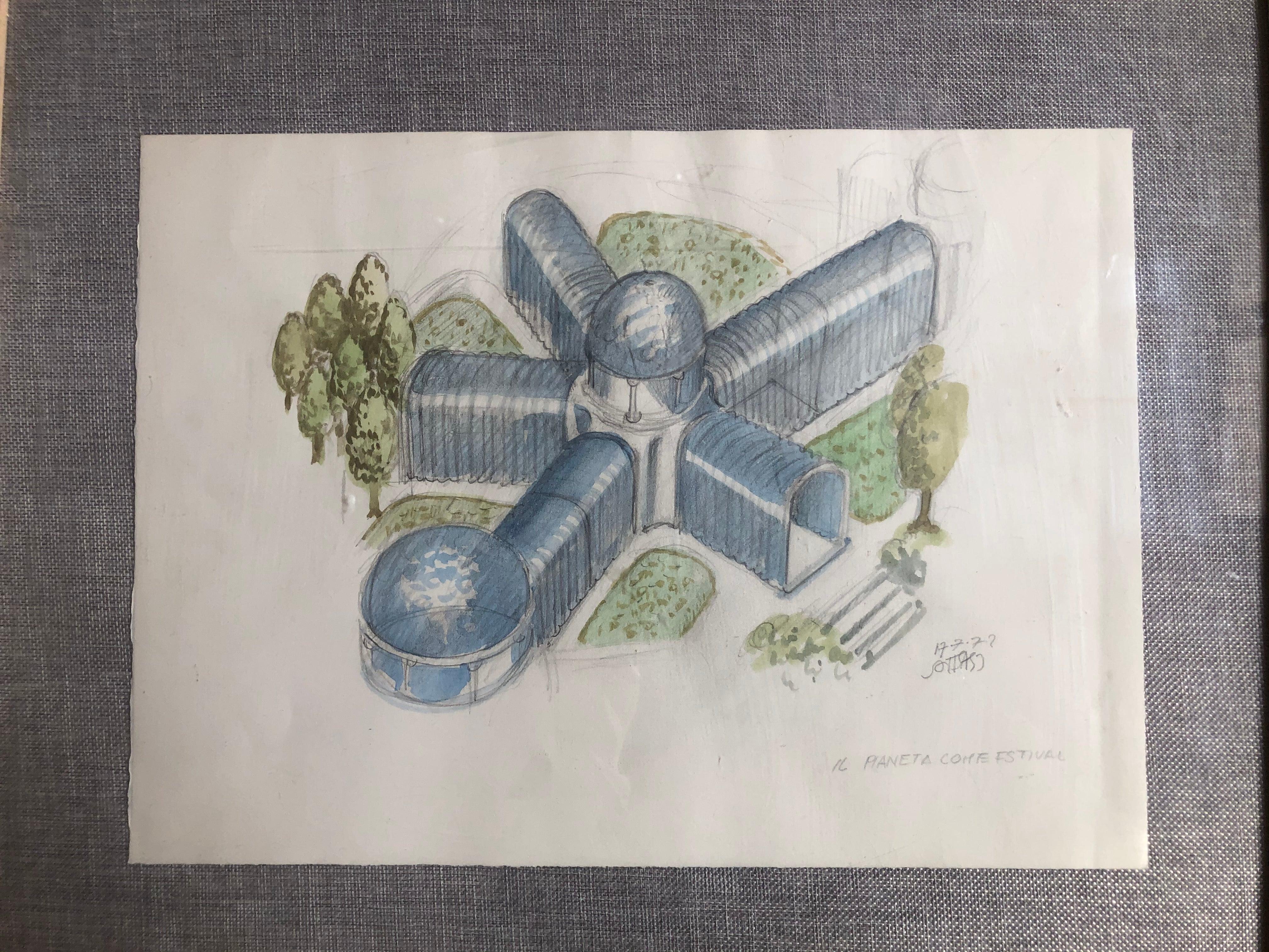 Original drawing by the famous Italian designer Ettore Sottsass
1972. Hand signed
Pencil and watercolor
Very good condition
Sizes: A3 (30 x 42 cm).