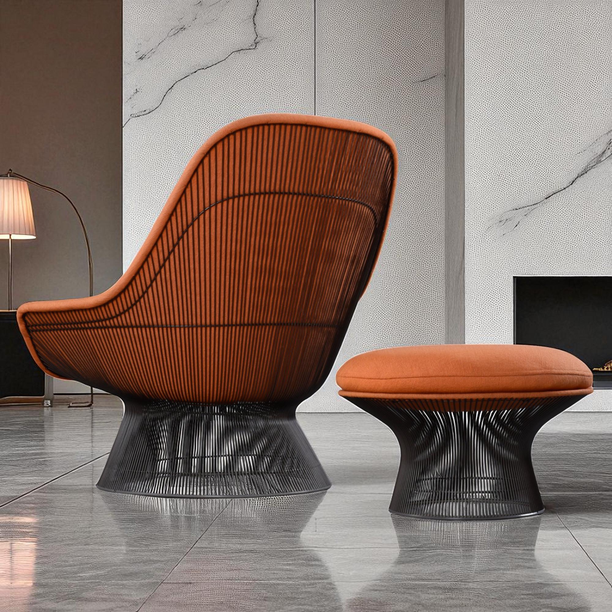 1972 Original Warren Platner Orange Wool Fabric Easy Chair und Ottoman (Edelstahl) im Angebot