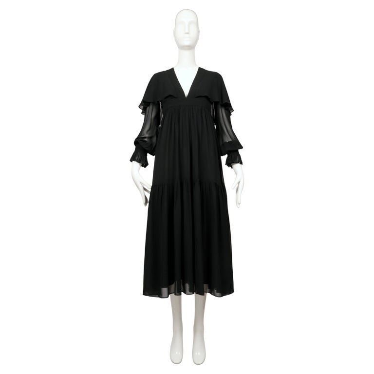 1972 Ossie Clark Black Chiffon Tiered Evening Dress With Capelet 1972 Ossie Clark Black Chiffon Tiered Evening Dress With Capelet
