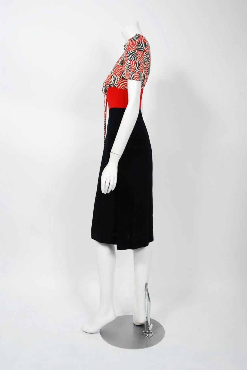 1972 Ossie Clark Black & Red Celia Birtwell Deco Print Crepe Key-Hole Dress  1