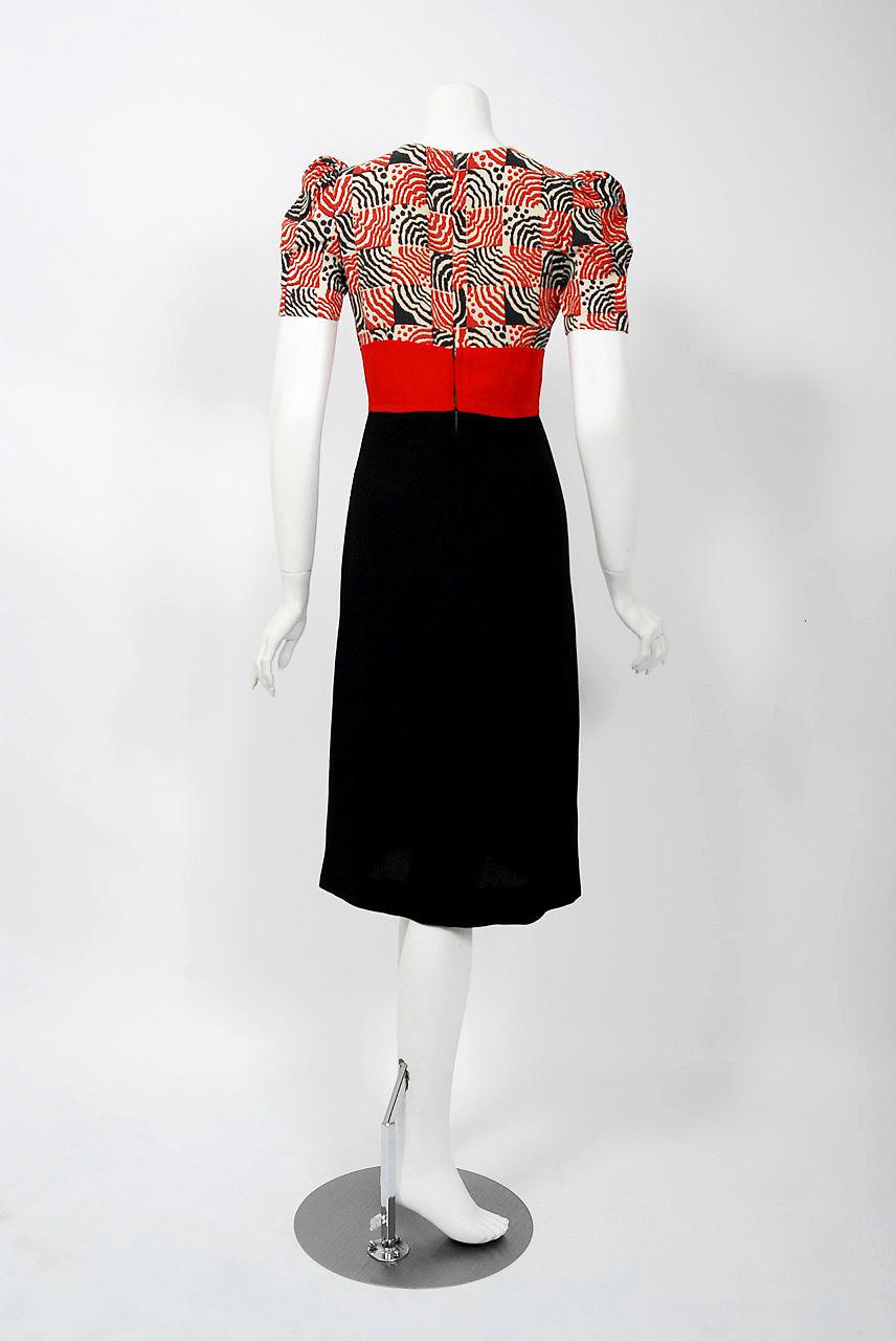 1972 Ossie Clark Black & Red Celia Birtwell Deco Print Crepe Key-Hole Dress  2