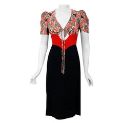 Vintage 1972 Ossie Clark Black & Red Celia Birtwell Deco Print Crepe Key-Hole Dress 