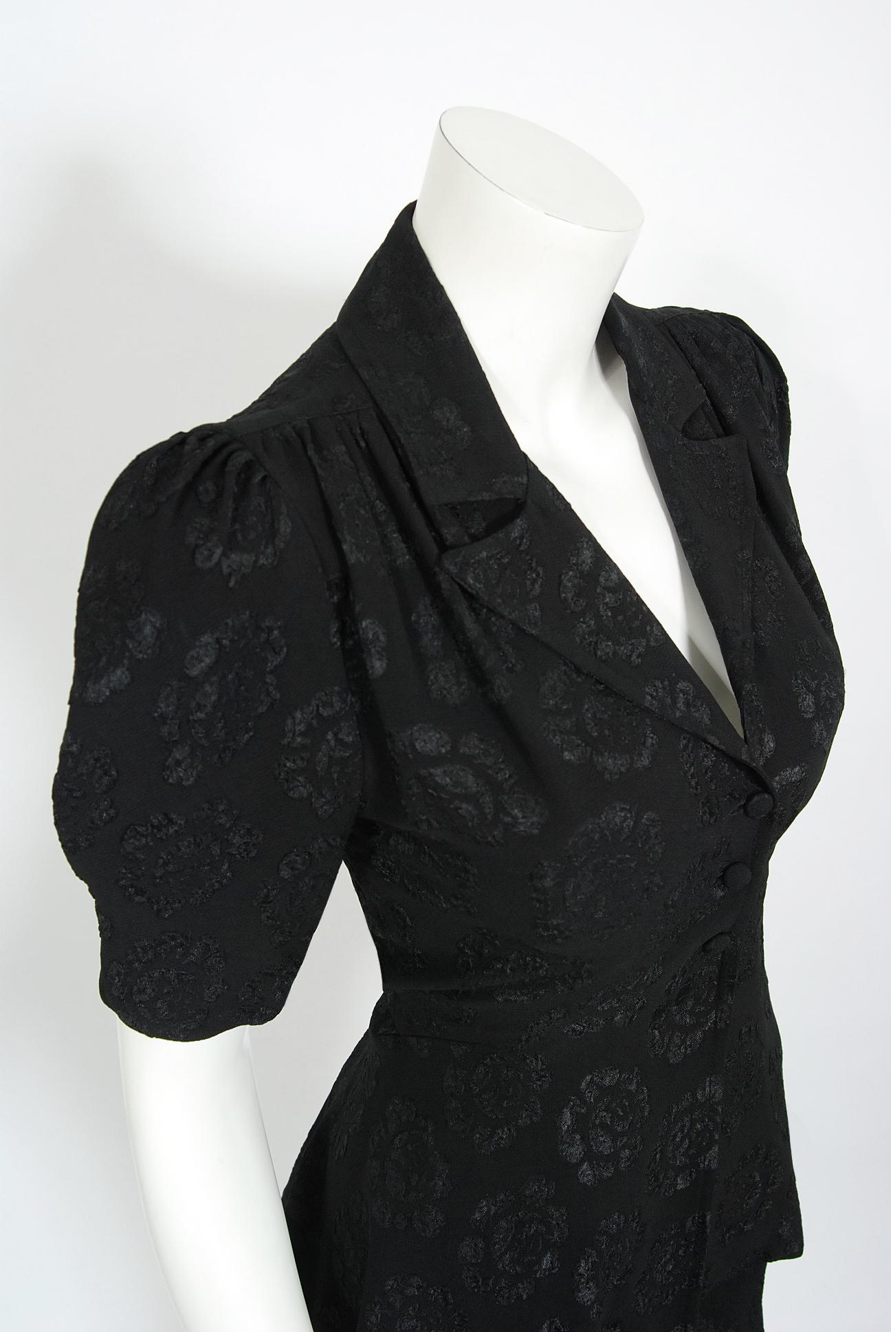 Black Vintage 1972 Ossie Clark Roses Print Crepe Puff-Sleeve Blouse & Bias-Cut Skirt