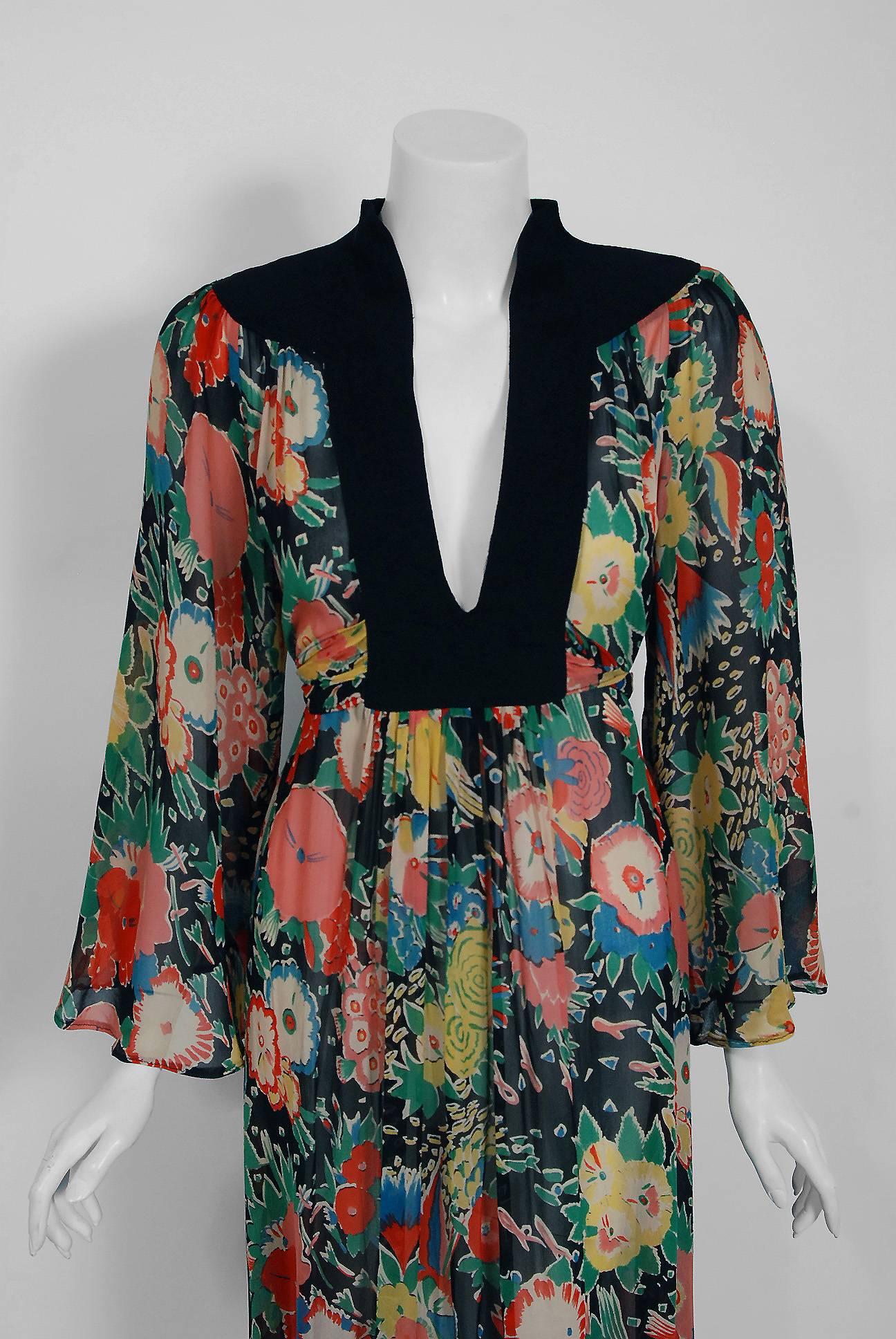Breathtaking 1972 Ossie Clark creation in the most gorgeous Celia Birtwell floral prints. English fashion designer, Raymond Ossie Clark, was a leading light in the London 