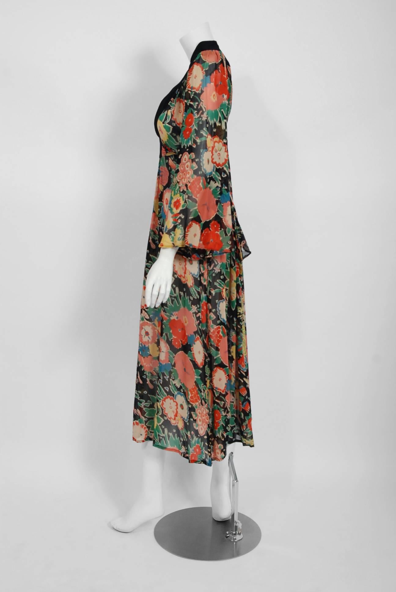 Black 1972 Ossie Clark Colorful Floral Celia Birtwell Print Silk & Crepe Belted Dress