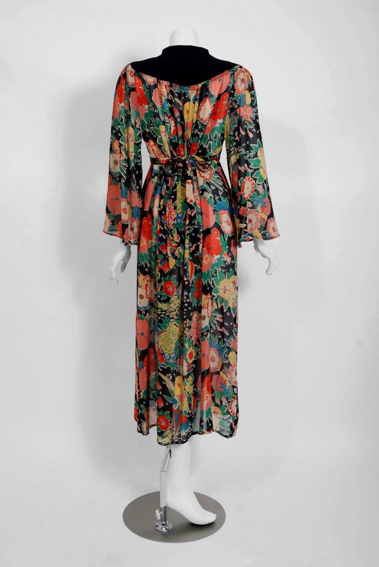 1972 Ossie Clark Colorful Floral Celia Birtwell Print Silk & Crepe Belted Dress In Excellent Condition In Beverly Hills, CA