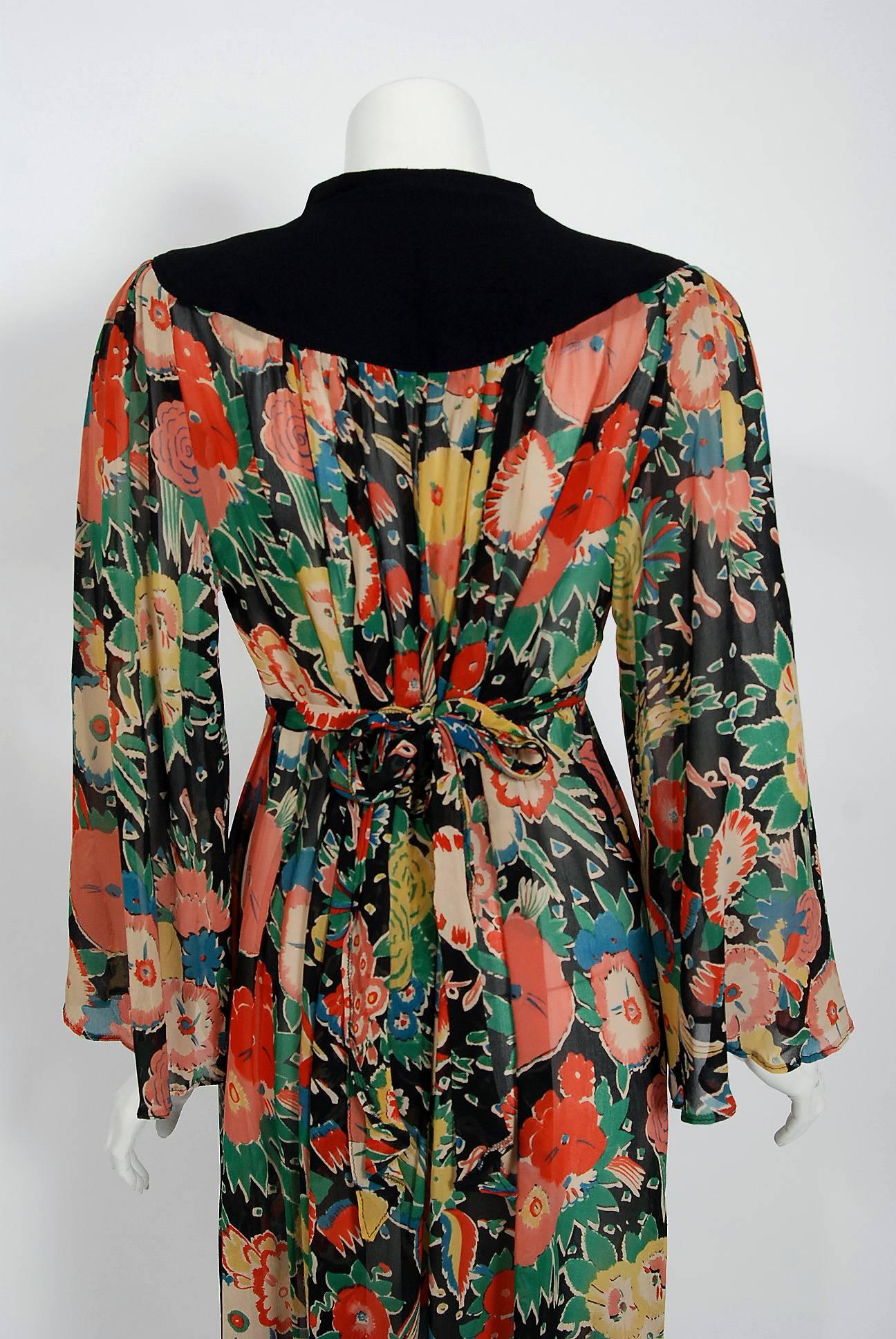 Women's 1972 Ossie Clark Colorful Floral Celia Birtwell Print Silk & Crepe Belted Dress