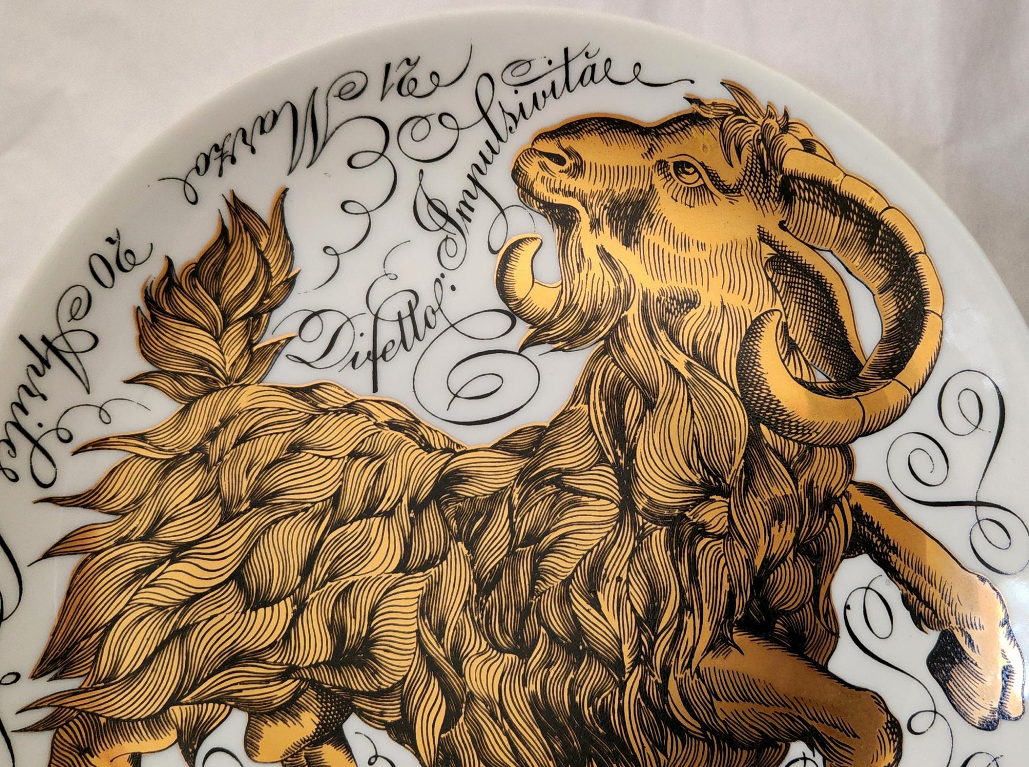 Vintage Piero Fornasetti Porcelain Zodiac Plate, Number 9
Aries,
Astrali Pattern,
Made for Corisia
Dated 1972

The plate for the sign ARIES is dated 1972 and is numbered #9.  The plate depicts the Astrological Zodiac sign Aries which is painted in