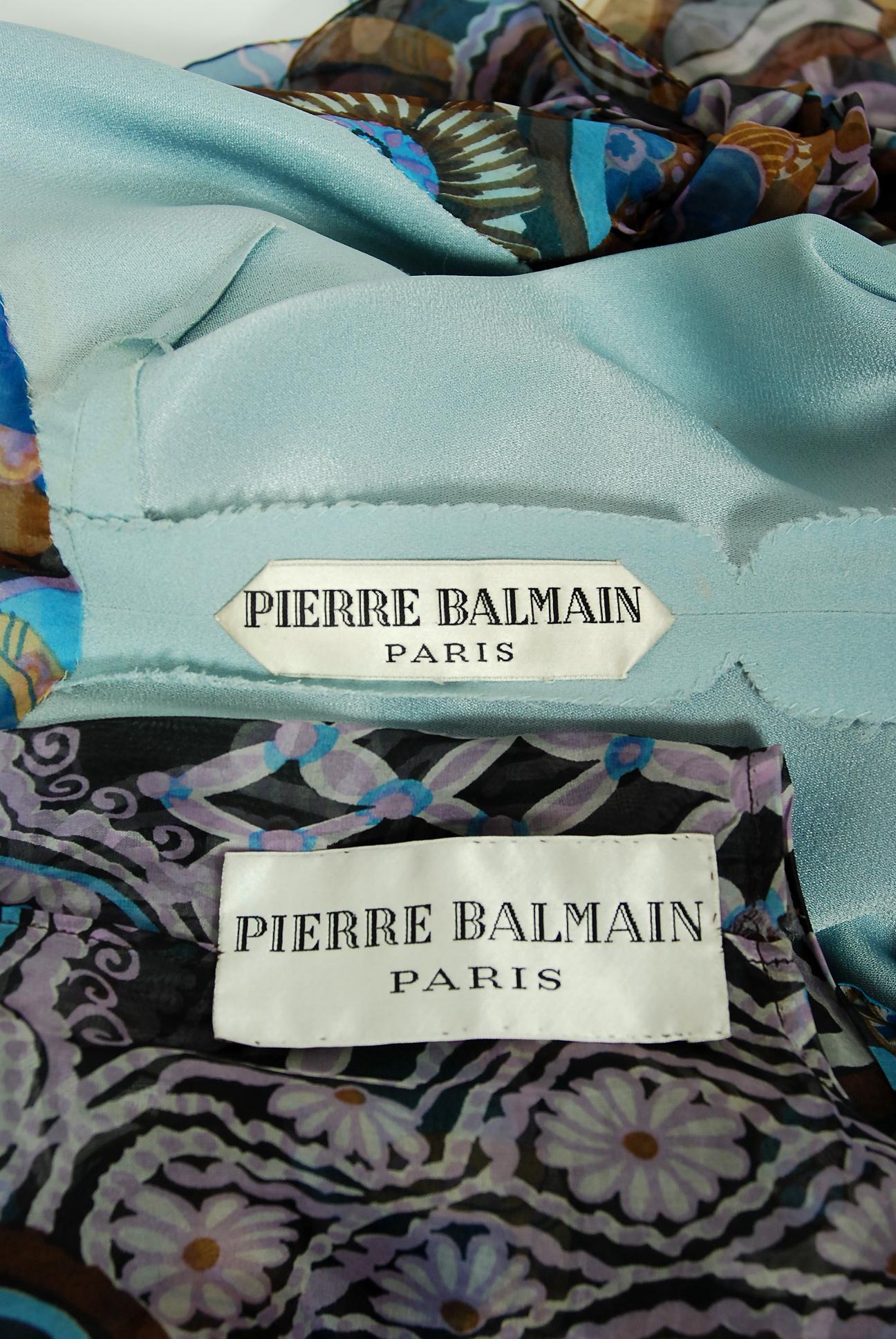 Vintage 1972 Pierre Balmain Haute-Couture Floral Silk Scarf-Neck Dress & Jacket 1
