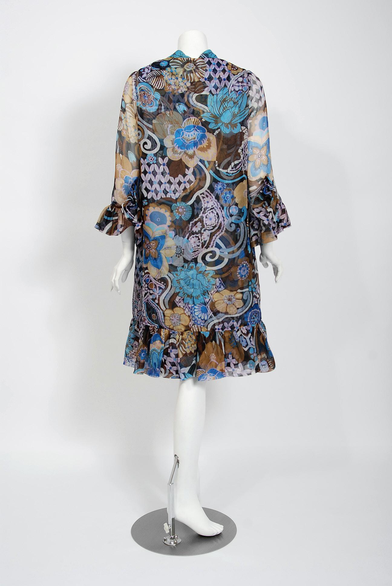 Vintage 1972 Pierre Balmain Haute-Couture Floral Silk Scarf-Neck Dress & Jacket In Excellent Condition In Beverly Hills, CA