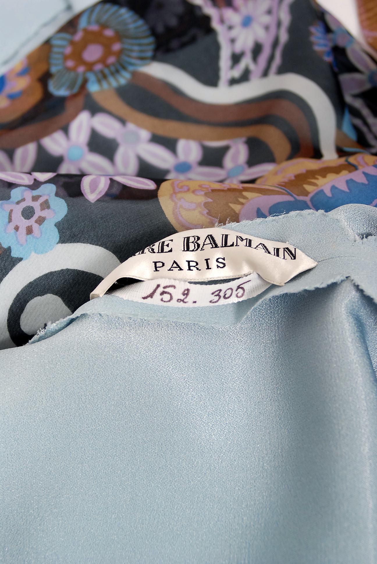 Vintage 1972 Pierre Balmain Haute-Couture Floral Silk Scarf-Neck Dress & Jacket 2