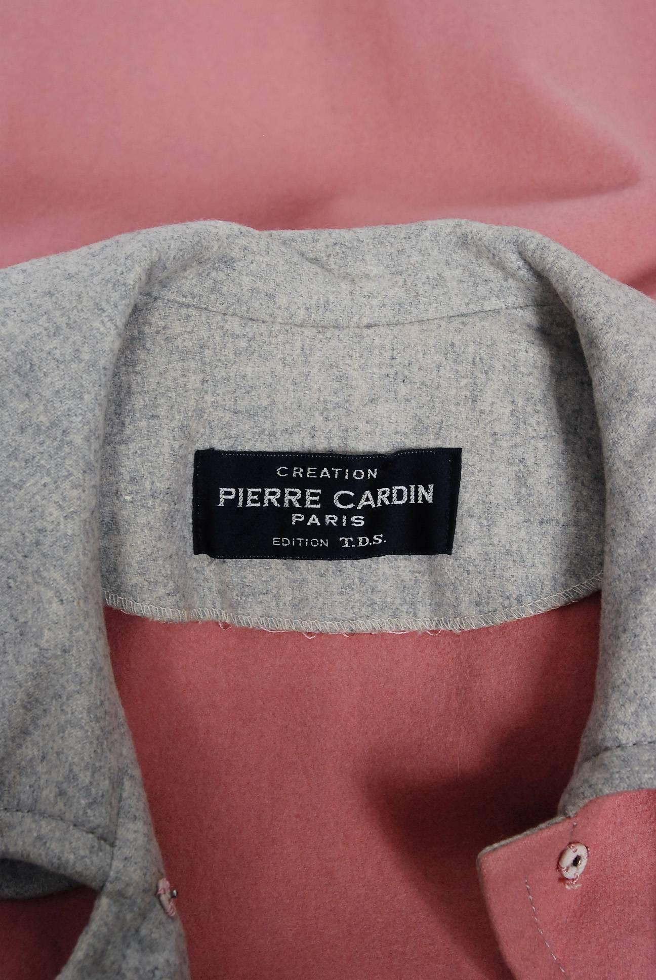 1972 Pierre Cardin Paris Mauve-Pink & Gray Block Color Wool Space Age Mod Cape  4