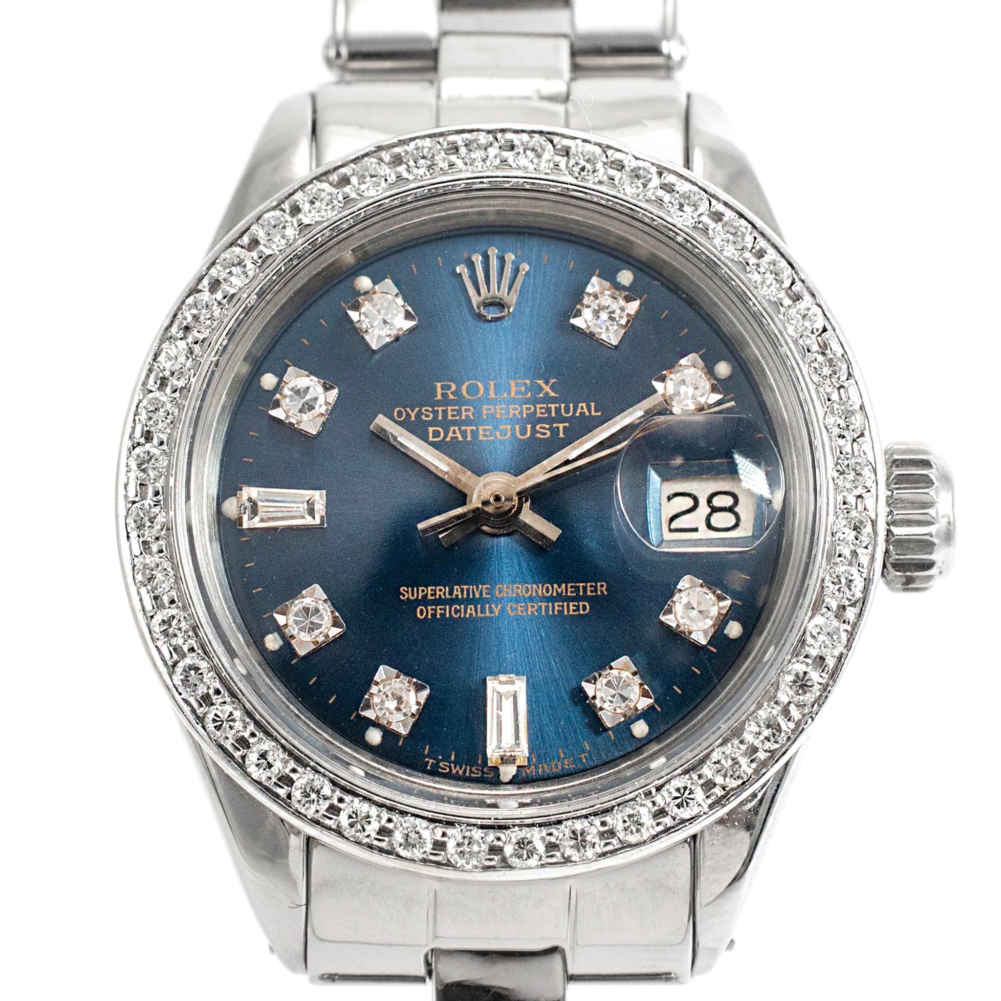 Brand: Rolex

Gender: Ladies

Metal Type: Stainless Steel

Diameter: 26.00 mm

Weight: 41.20 grams

One ladies Stainless Steel diamond ROLEX Swiss-made watch. The metal was tested and determined to be stainless steel. The 