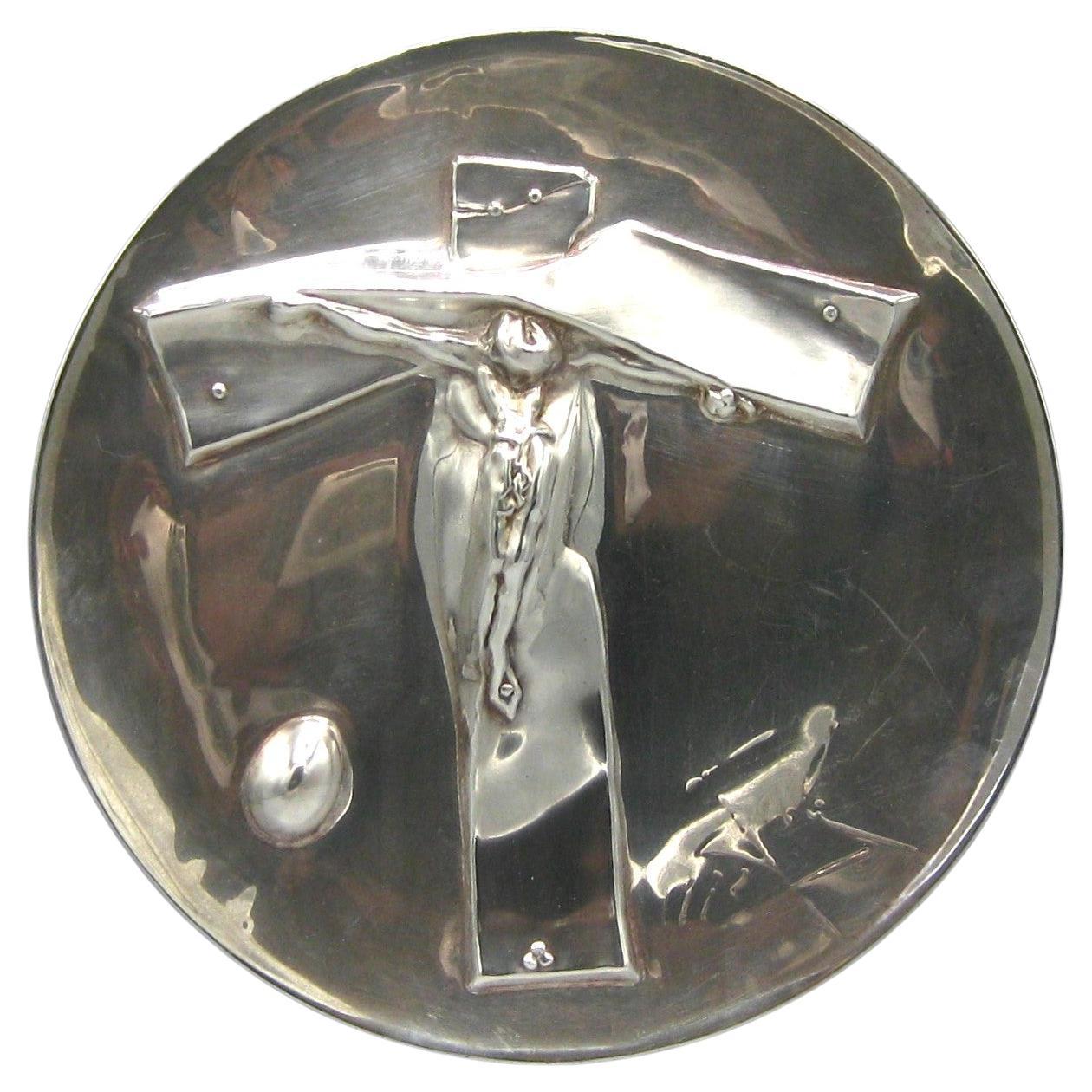 1972 Salvador Dali "Easter Christ" Sterling Silver Abstract Art Plate Tray For Sale