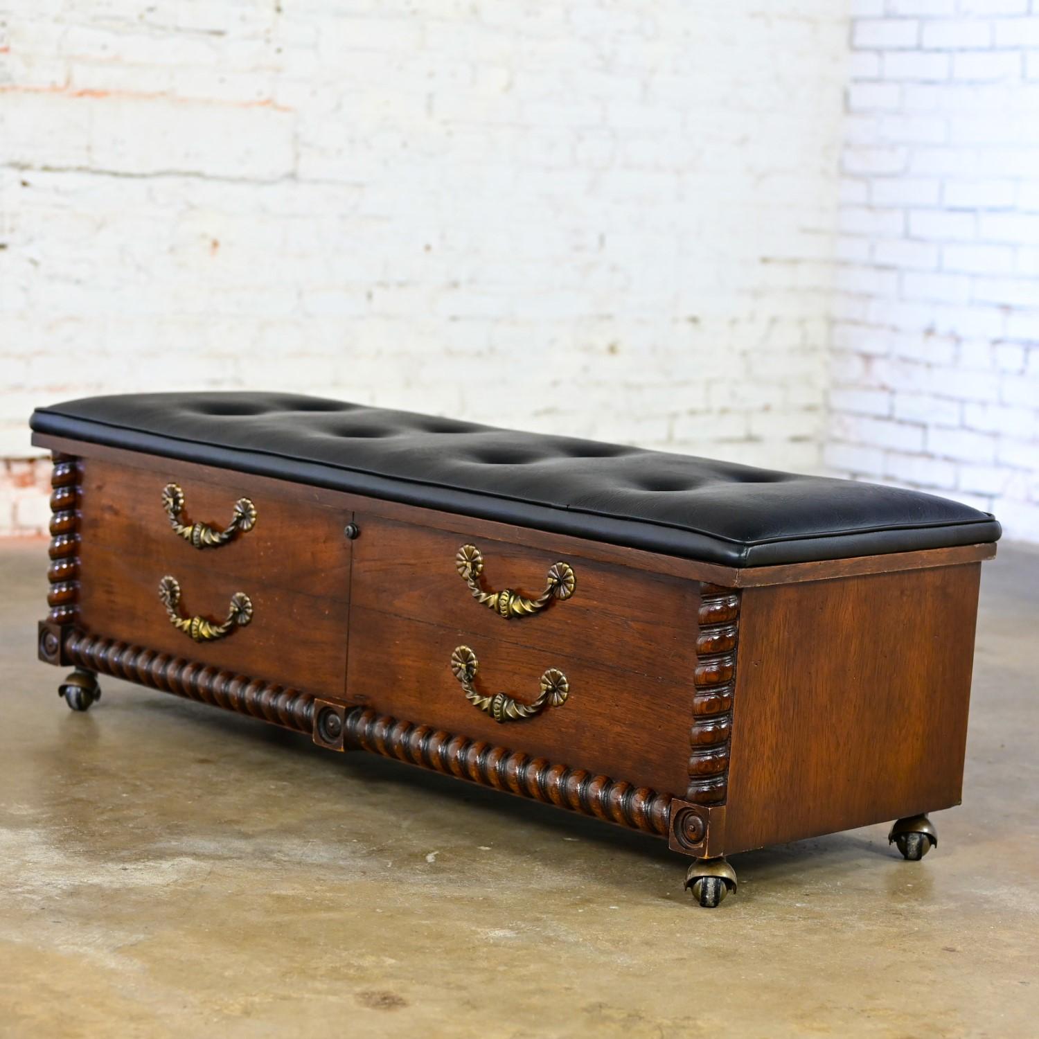 1972 Spanish Revival Lane Cedar Chest with Black Vinyl Bench Top Brass Handles 8
