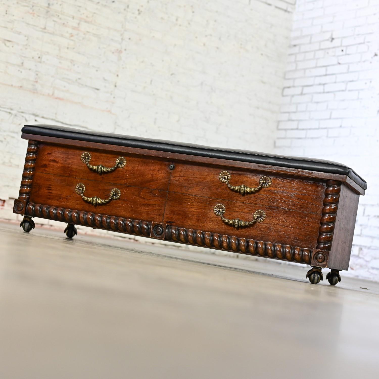 1972 Spanish Revival Lane Cedar Chest with Black Vinyl Bench Top Brass Handles 9