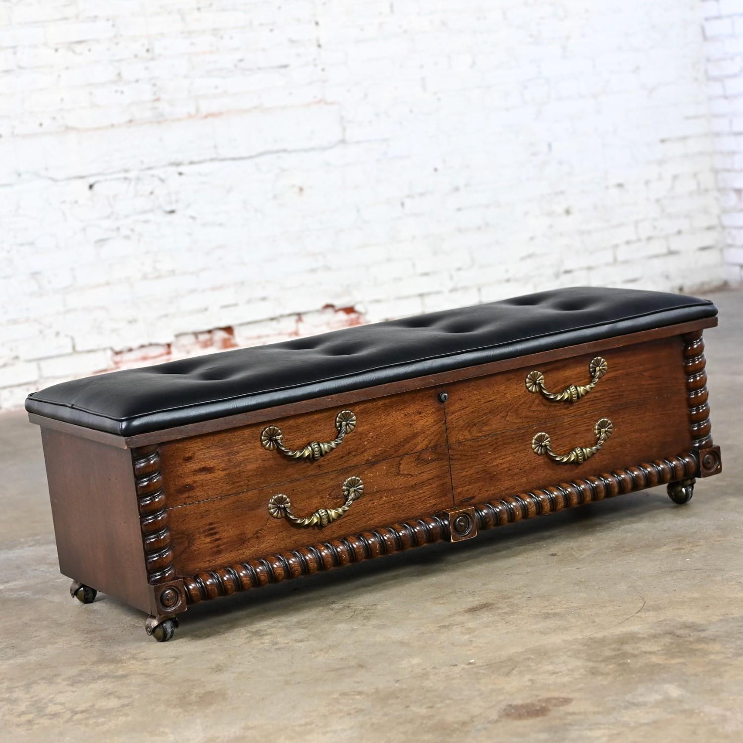 1972 Spanish Revival Lane Cedar Chest with Black Vinyl Bench Top Brass Handles In Good Condition In Topeka, KS
