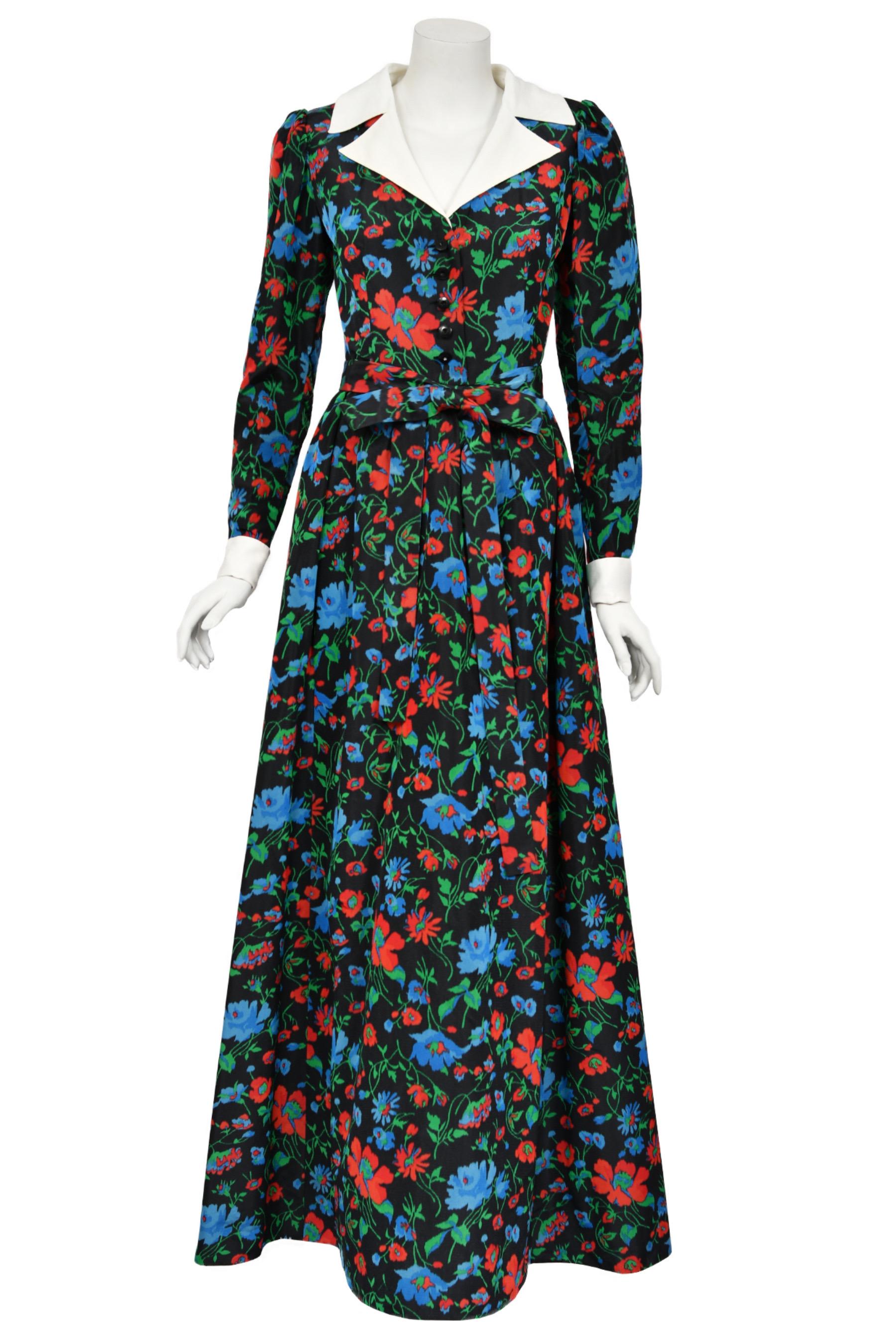 1972 Yves Saint Laurent Haute Couture Documented Floral Silk Collar Cuff Gown For Sale