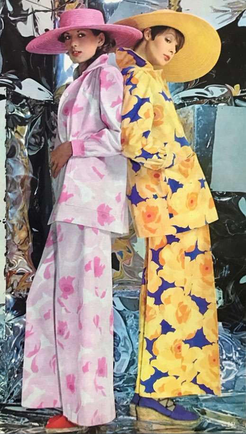 Breathtaking Yves Saint Laurent designer ensemble from his 1972 documented Spring/Summer collection. Such a rarity to find both pieces together in almost unworn condition! The set is insanely chic with its large-scale yellow and purple floral print