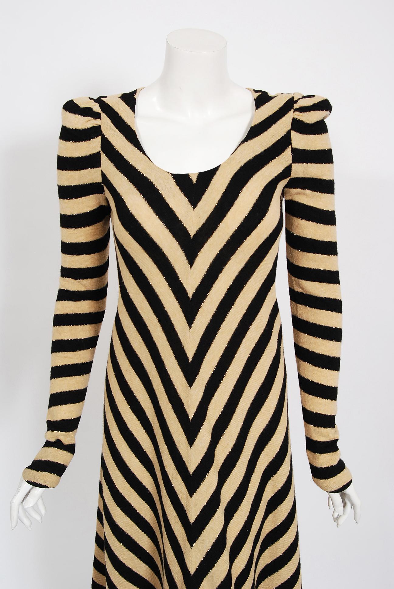 If you were an “It Girl” in London during the 1960's and 1970's, Biba is where you would have shopped. This sensational metallic gold accented black and tan dress, dating back to 1973, is a perfect example of the brand's genius. The striped fabric