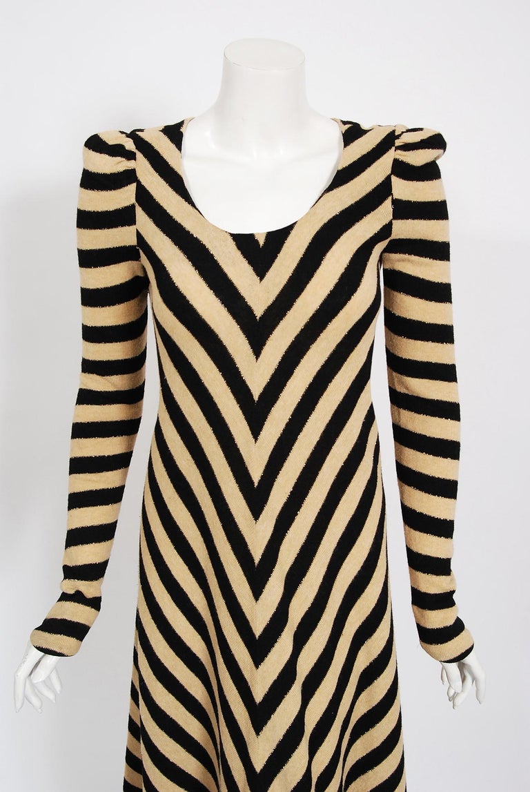 1973 Biba London Metallic Black and Tan Stripe Wool Knit LongSleeve