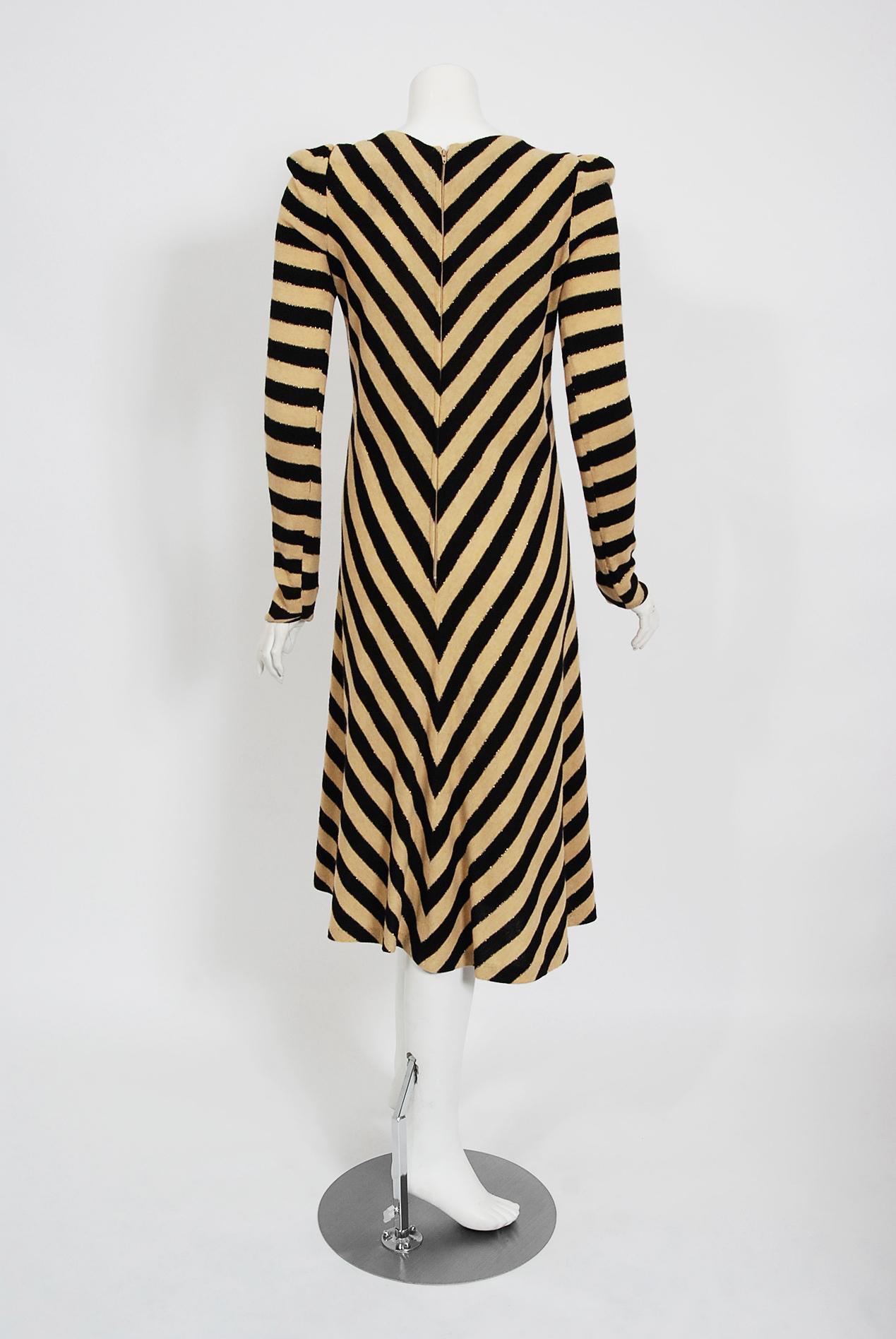 Beige 1973 Biba London Metallic Black & Tan Stripe Wool Knit Long-Sleeve Dress