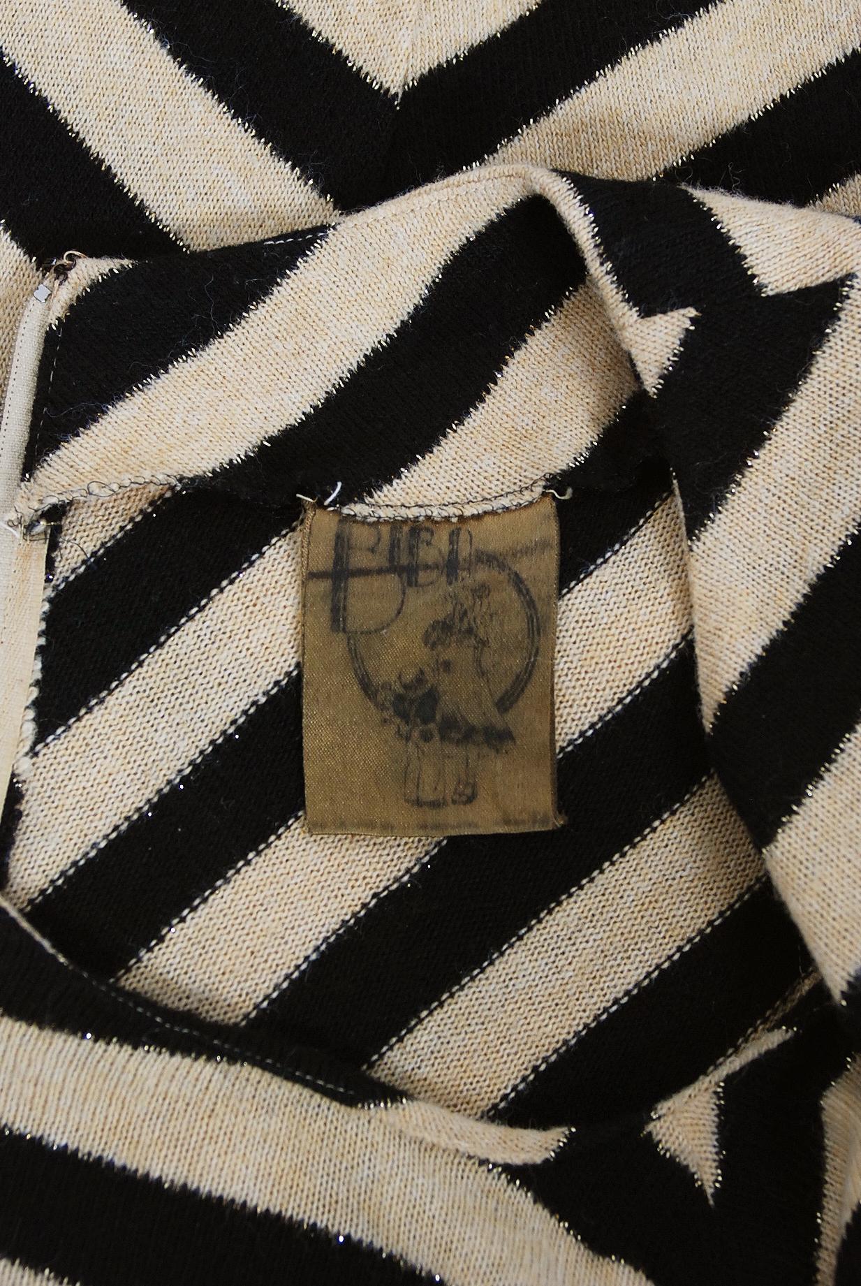 1973 Biba London Metallic Black & Tan Stripe Wool Knit Long-Sleeve Dress In Excellent Condition In Beverly Hills, CA