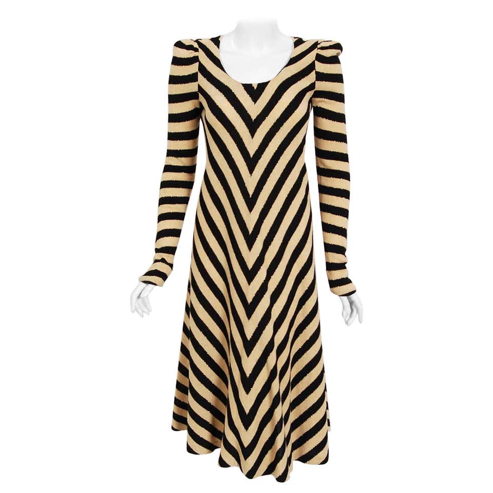 1973 Biba London Metallic Black And Tan Stripe Wool Knit Long Sleeve 1973-biba-london-metallic-black-and-tan-stripe-wool-knit-long-sleeve