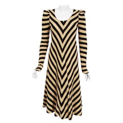 1973 Biba London Metallic Black & Tan Stripe Wool Knit Long-Sleeve Dress