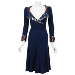 Retro 1973 Biba London Sequin Navy Blue Wool Puff-Shoulder Plunge Collar Cuff Dress