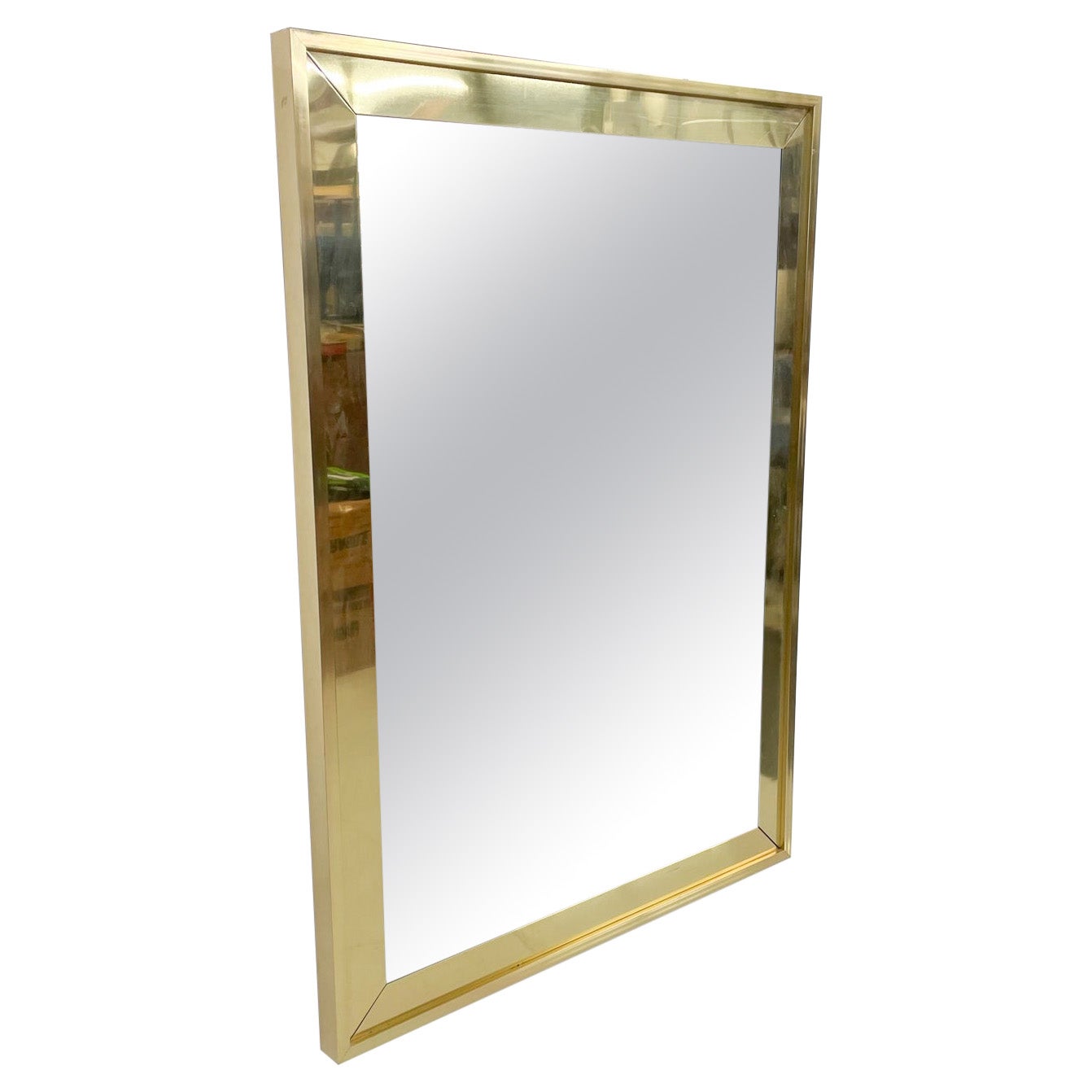 1973 Custom Brass Mirror Signed by designer Carl Canner Boston MA Carvers' Guild
Original Preowned Unrestored Vintage Condition. Light wear. Scuffs present around edges. Patina present.
Not new expect vintage wear.
Review all images. 
42.78 h x