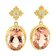 19.73 Carat Total Morganite and Diamond Yellow Gold Drop Dangle Earrings