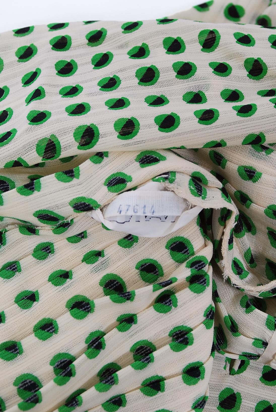 1973 Chanel Haute Couture Documented Deco Dot Print Silk Ascot-Bow Pleated Dress 6