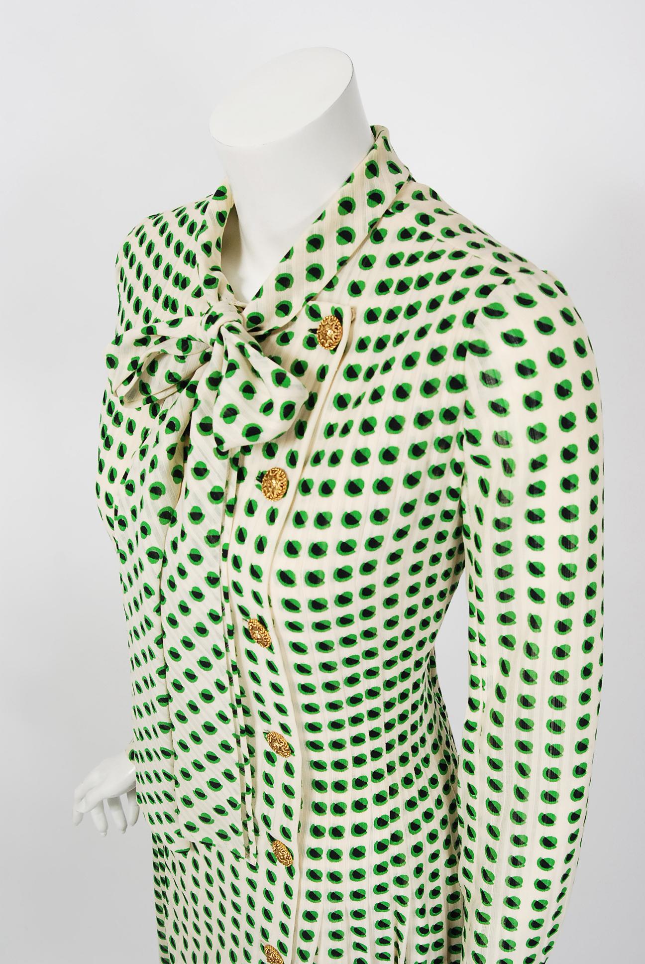 1973 Chanel Haute Couture Documented Deco Dot Print Silk Ascot-Bow Pleated Dress In Good Condition In Beverly Hills, CA