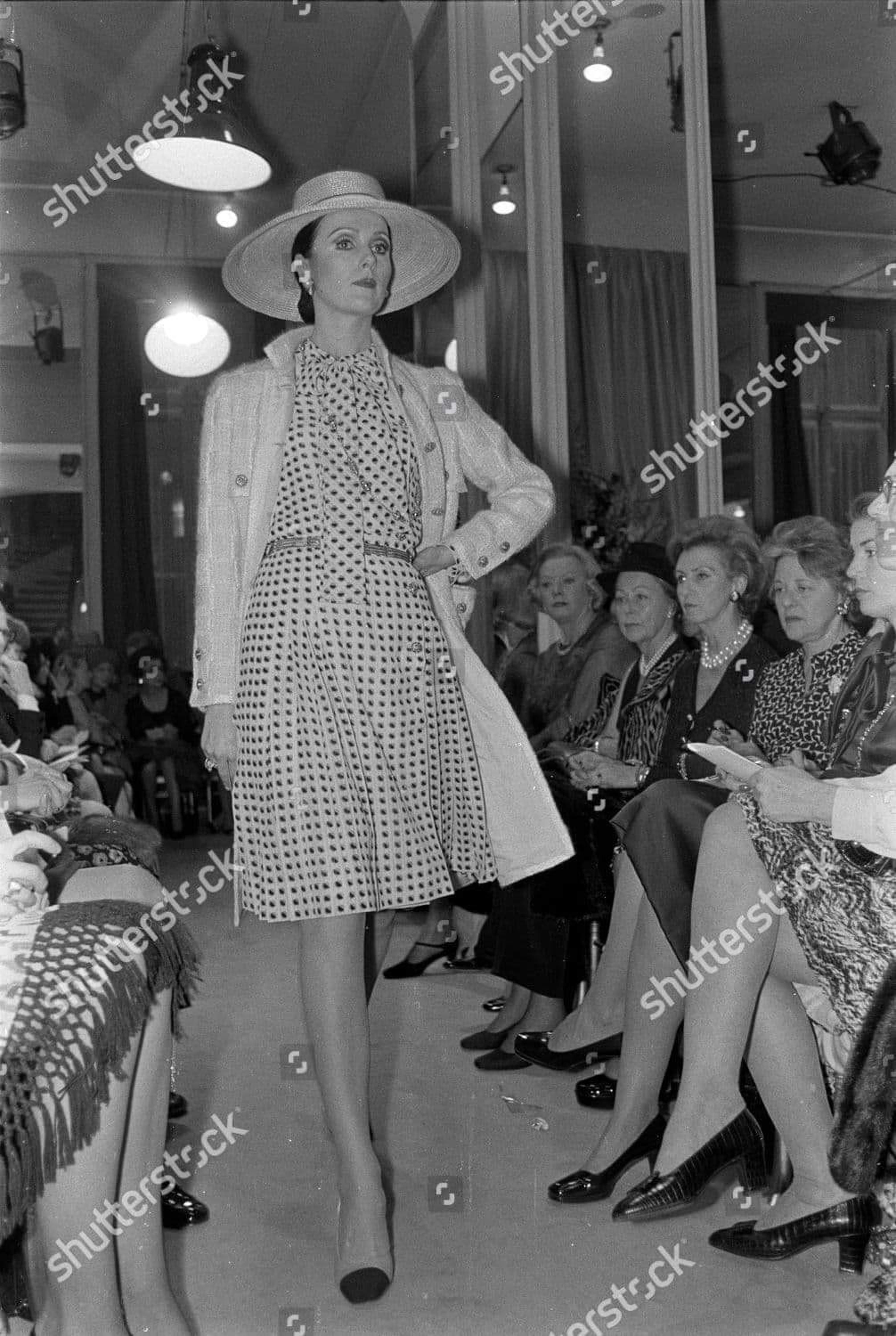 Beige 1973 Chanel Haute Couture Documented Deco Dot Print Silk Ascot-Bow Pleated Dress