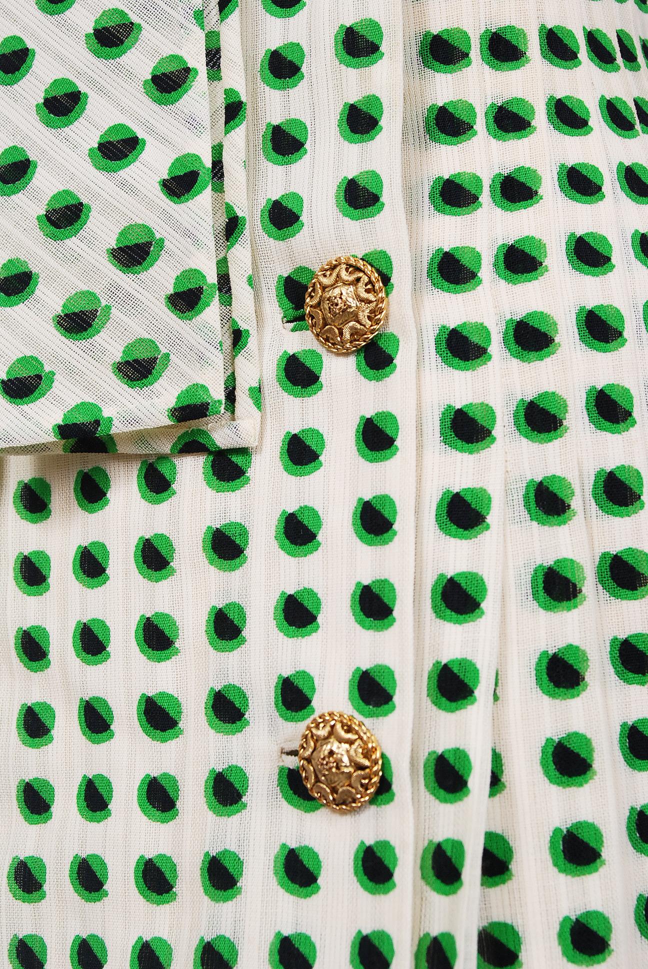Women's 1973 Chanel Haute Couture Documented Deco Dot Print Silk Ascot-Bow Pleated Dress