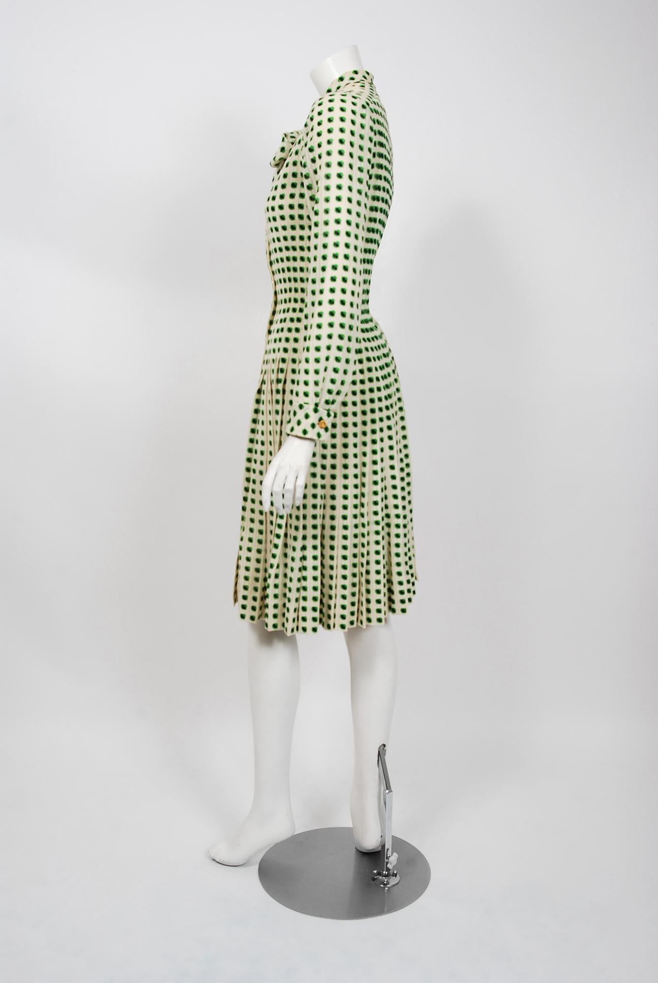 1973 Chanel Haute Couture Documented Deco Dot Print Silk Ascot-Bow Pleated Dress 1