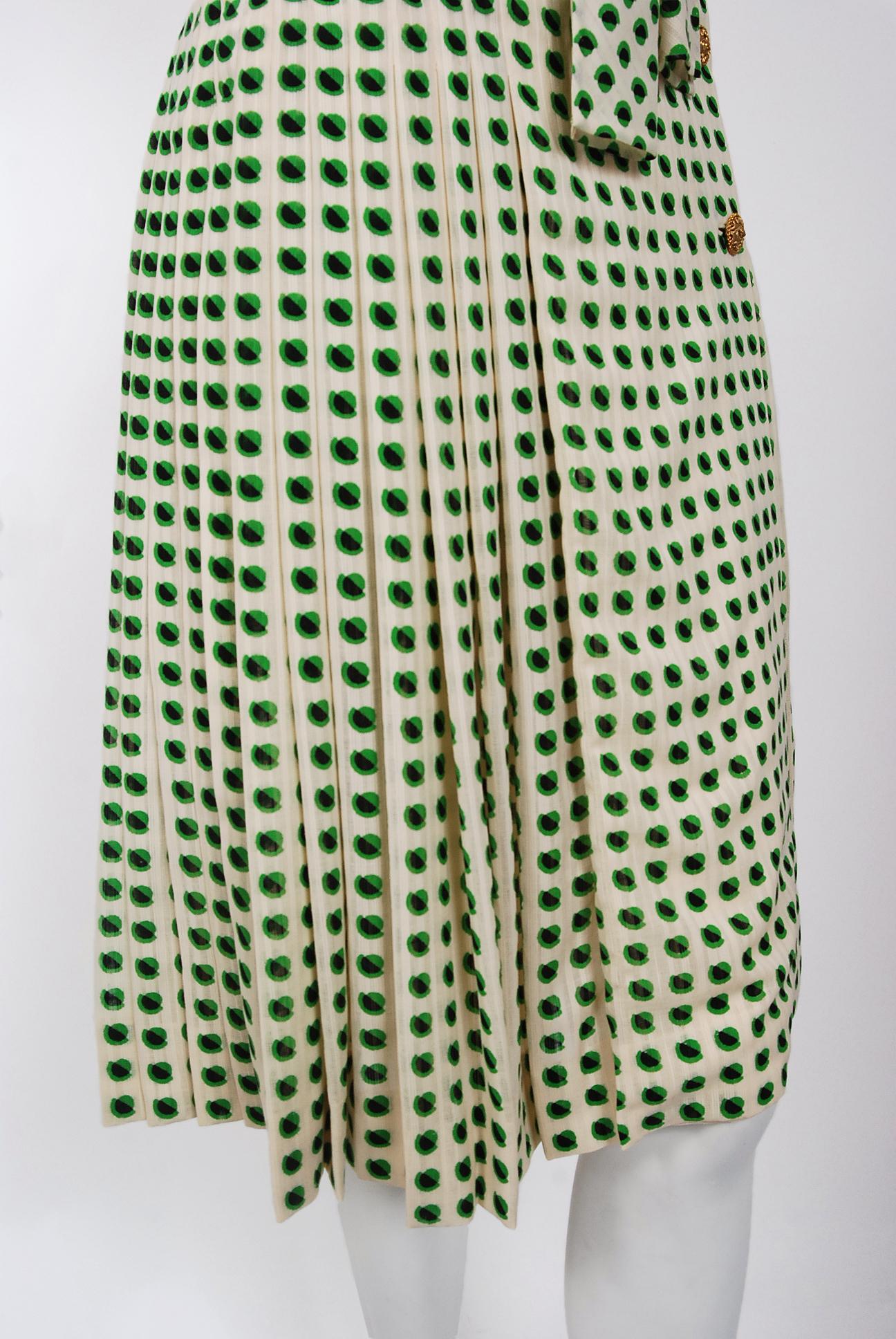 1973 Chanel Haute Couture Documented Deco Dot Print Silk Ascot-Bow Pleated Dress 2